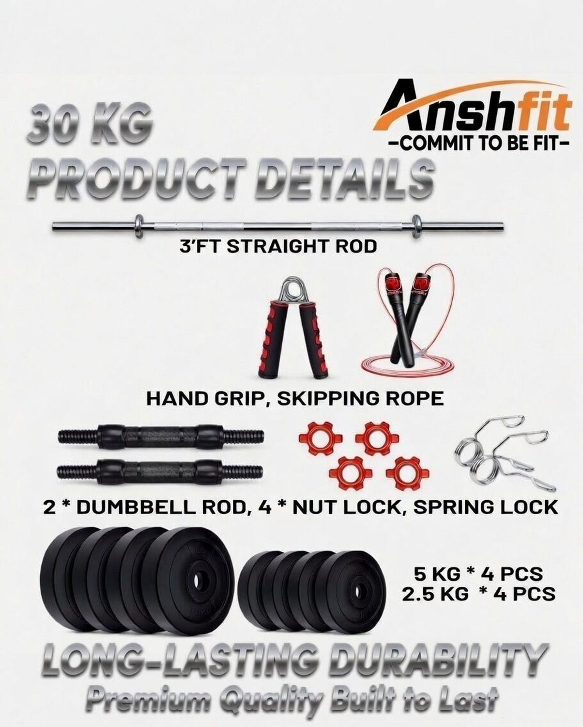 Image of ANSH FIT 30KG-5*4 /2.5*4 PVC Plates. 3ft Straight rod and Dumbbell rod, accessories Adjustable Dumbbell (30 kg)