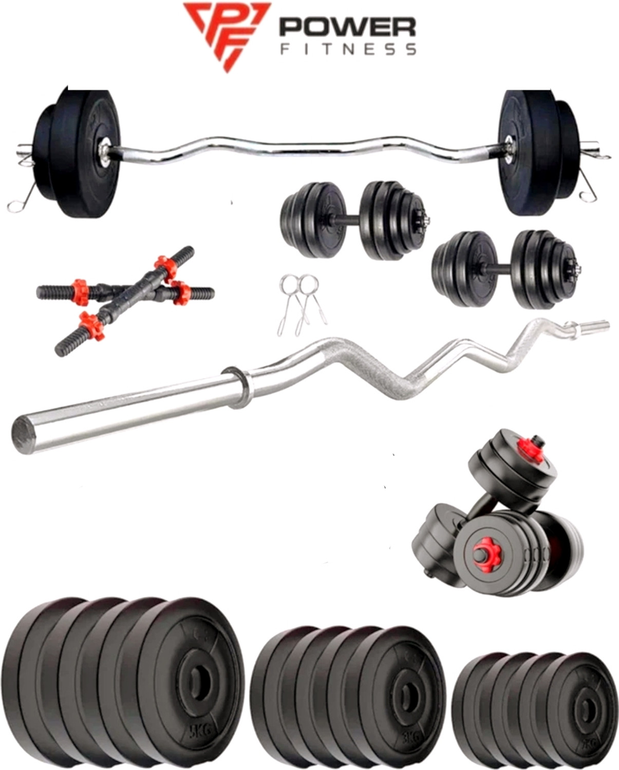 Image of POWER FITNESS 0.4 kg 30KG PVC Weight Set with Dumbbell Rods, 3ft curl Rod & Acc Gym Fitness Home Gym Combo