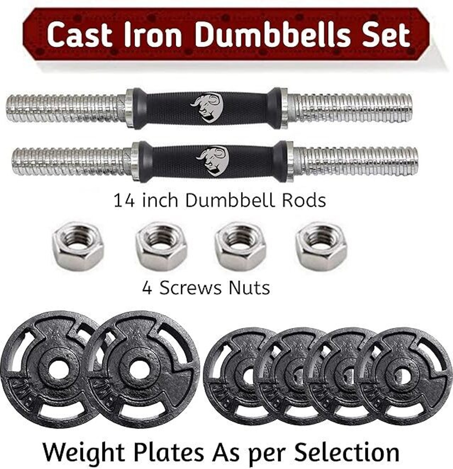 Image of BULLAR 10 KG Cast Iron Plates with pair of dumbbell rods Adjustable Dumbbell (10 kg)