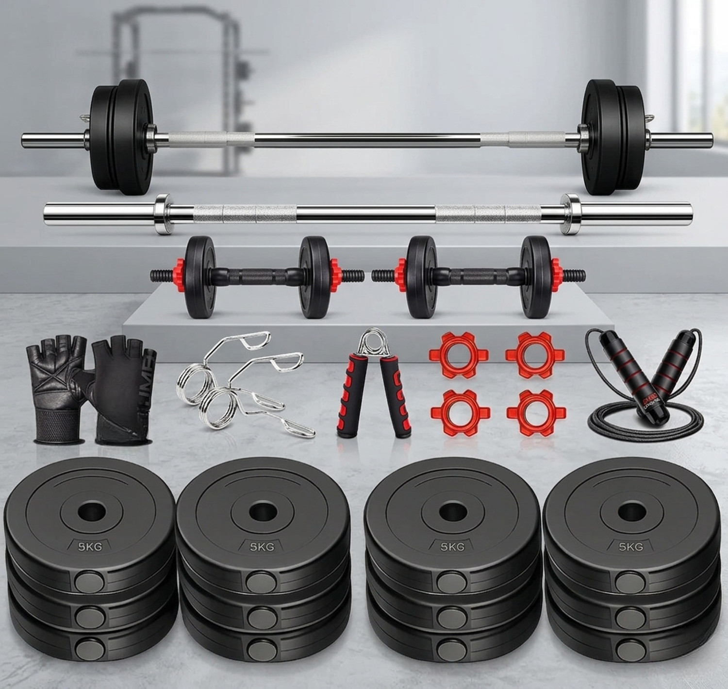 Image of JMB 40kg-3ft curl rod+3ft straight rod+pvc plates+dumbbell rod 14inch+accessories Dumbbell Kit Kit