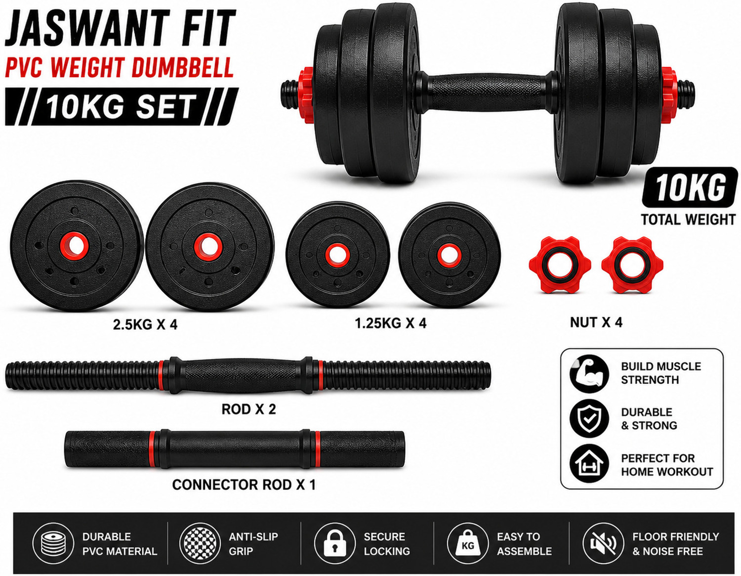Image of BELLATRIX X 10kg Dumbbell Set | 4x 2.5kg Plates, Dumbbell Rods & Connector Adjustable Dumbbell (10 kg)