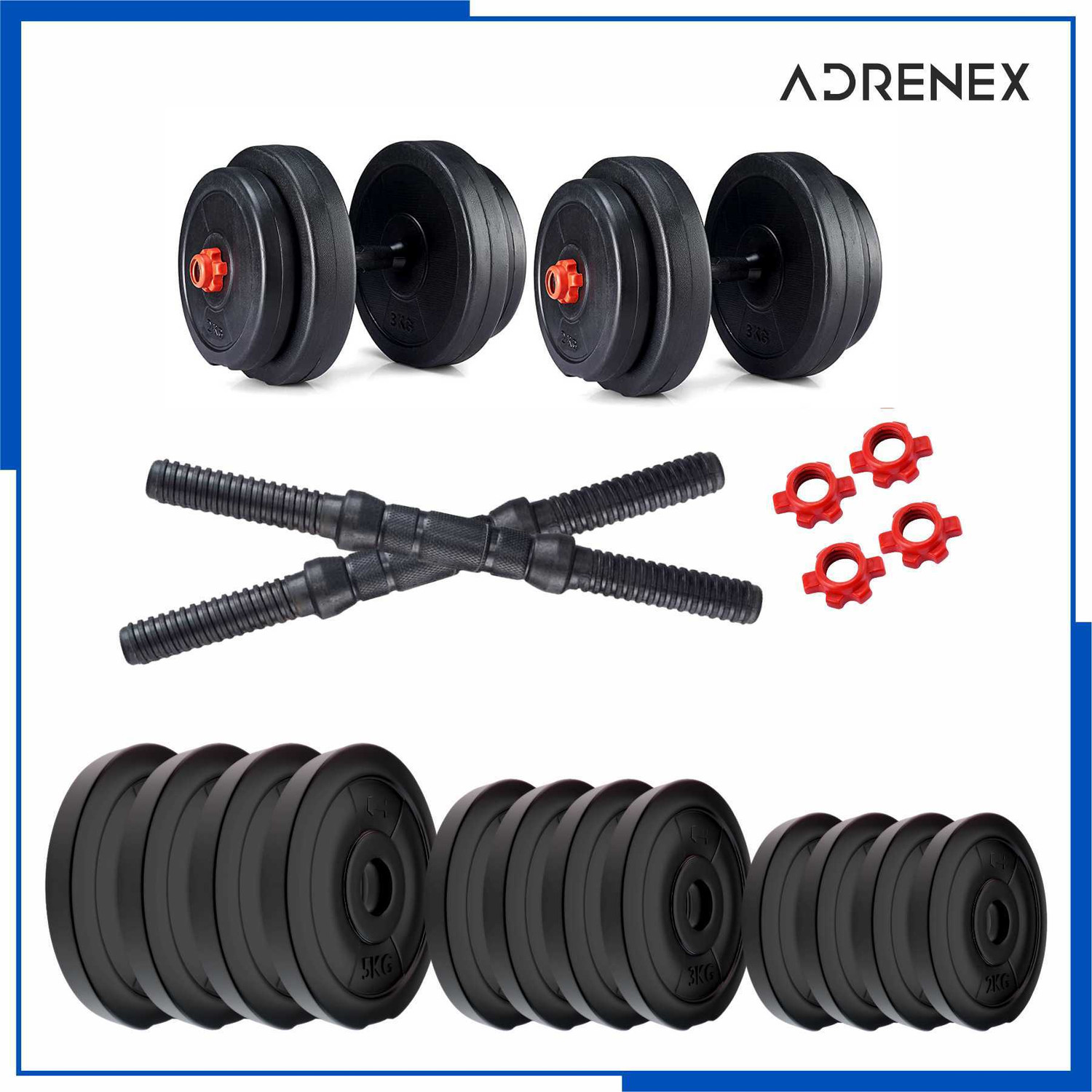 Image of Adrenex 40 Kg PVC Weight Plates with ONE Pair RODS Adjustable Dumbbell (40 kg)