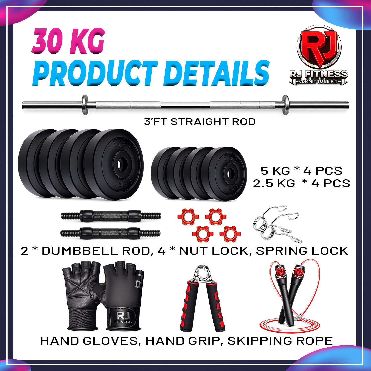 Image of rj fitness 30 kg 30KG Home Gym Combo-3ft straight rod,dumbbell rods, pvc plates & acc Home Gym Combo