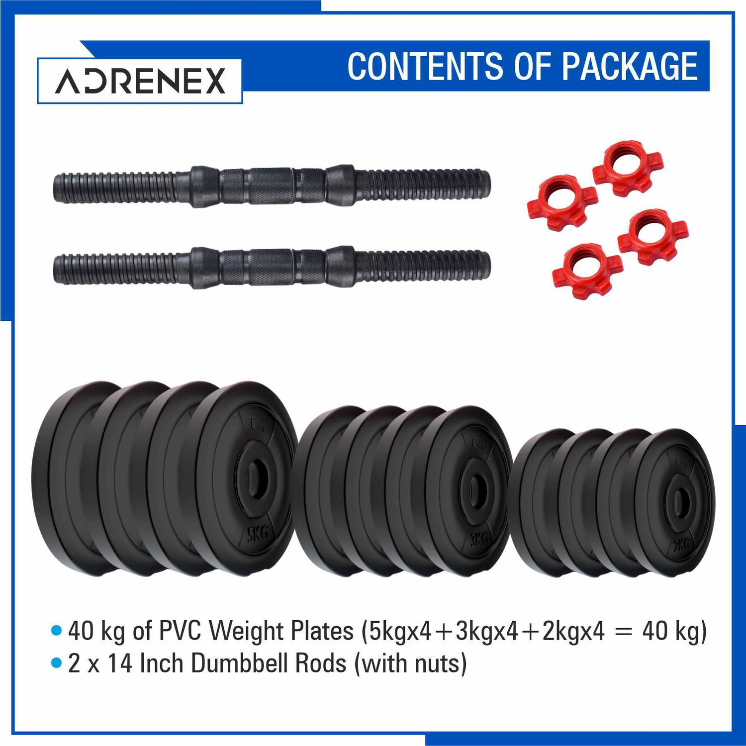 Image of Adrenex 40 Kg PVC Weight Plates with ONE Pair RODS Adjustable Dumbbell (40 kg)