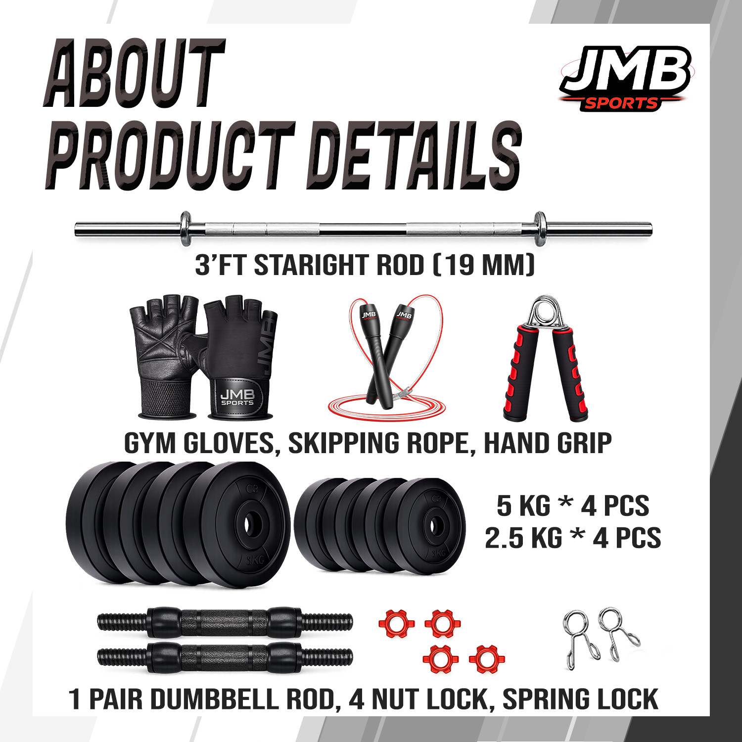 Image of JMB 31 kg 30KG-pvc plates(5*4 /2.5*4), 3ft straight rod, dumbbell rod & Accessories Home Gym Combo