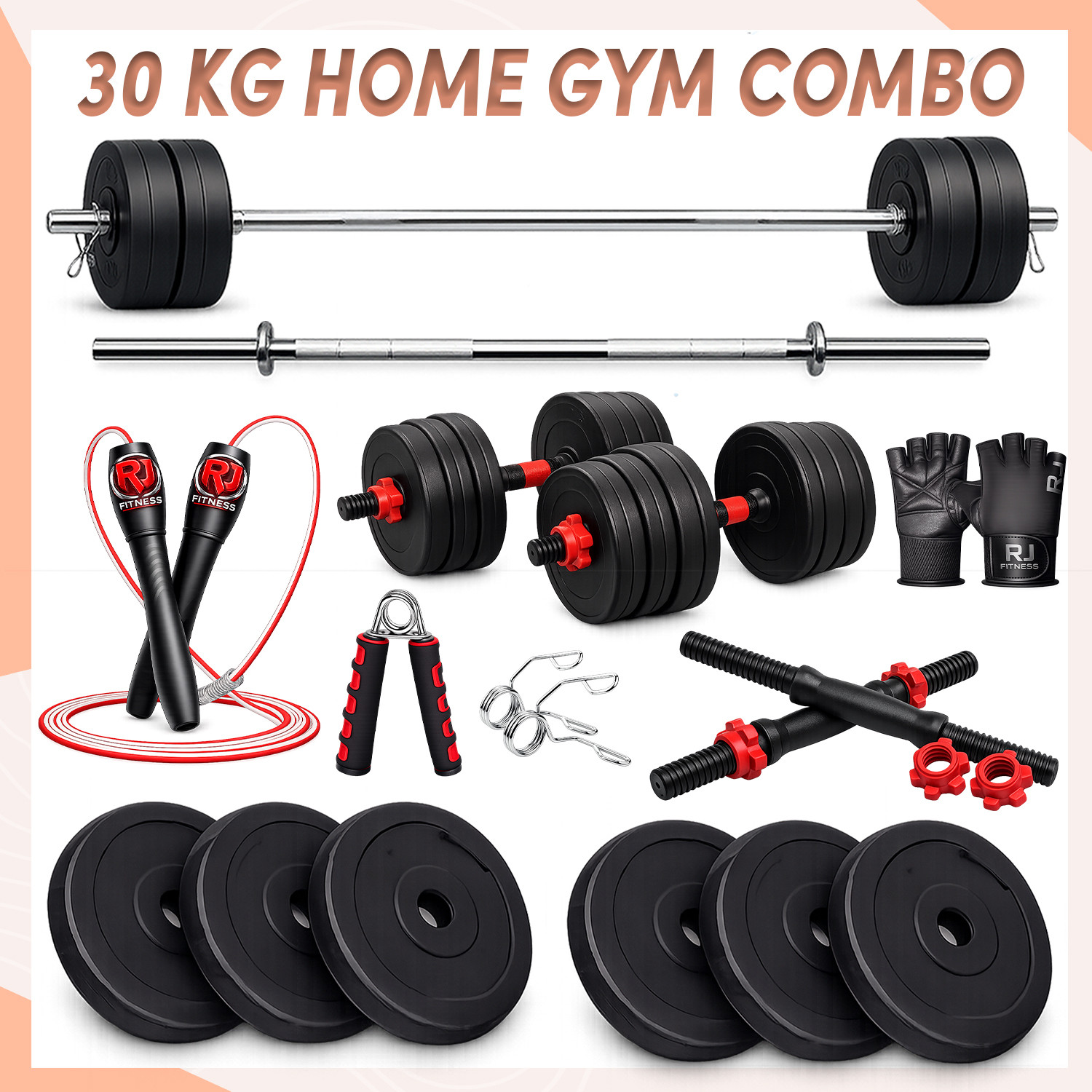 Image of rj fitness 31 kg 30kg-5kgx4 /2.5kgx4 plates,3ft straight rod+dumbbell rods & accessories Home Gym Combo