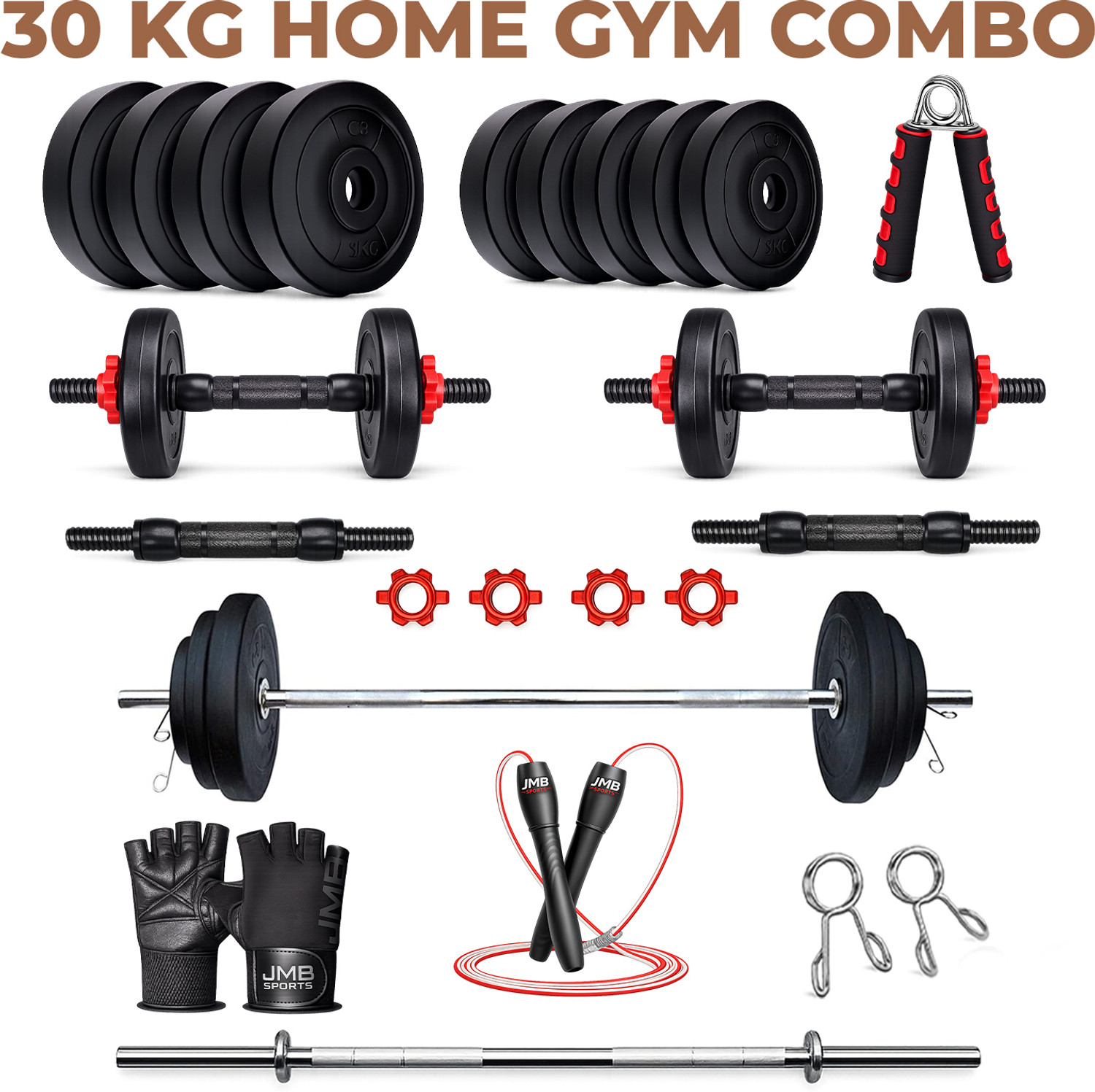 Image of POWER FITNESS 30KG PVC Weight Set with Dumbbell Rods, 3ft curl Rod & Acc Gym Fitness Adjustable Dumbbell (30 kg)