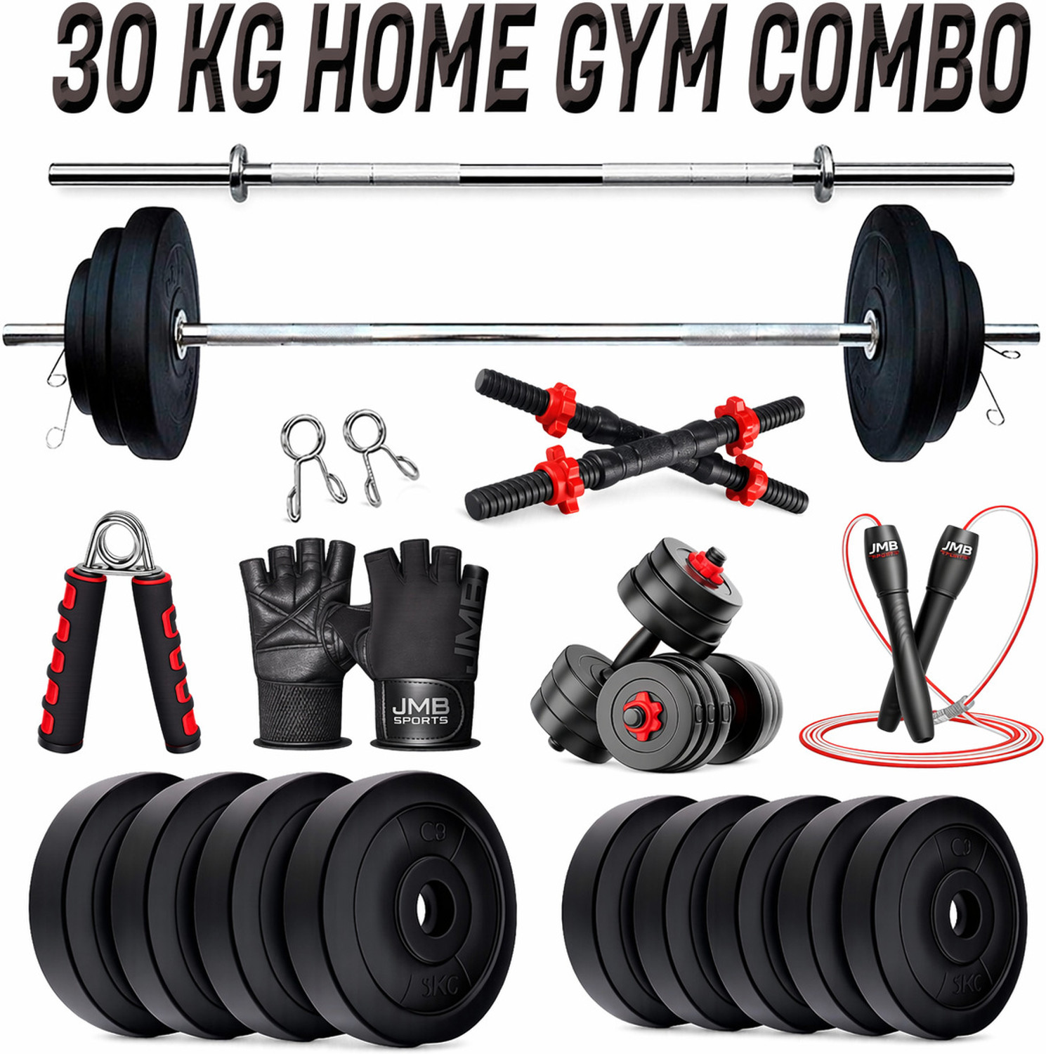 Image of JMB 31 kg 30KG-pvc plates(5*4 /2.5*4), 3ft straight rod, dumbbell rod & Accessories Home Gym Combo