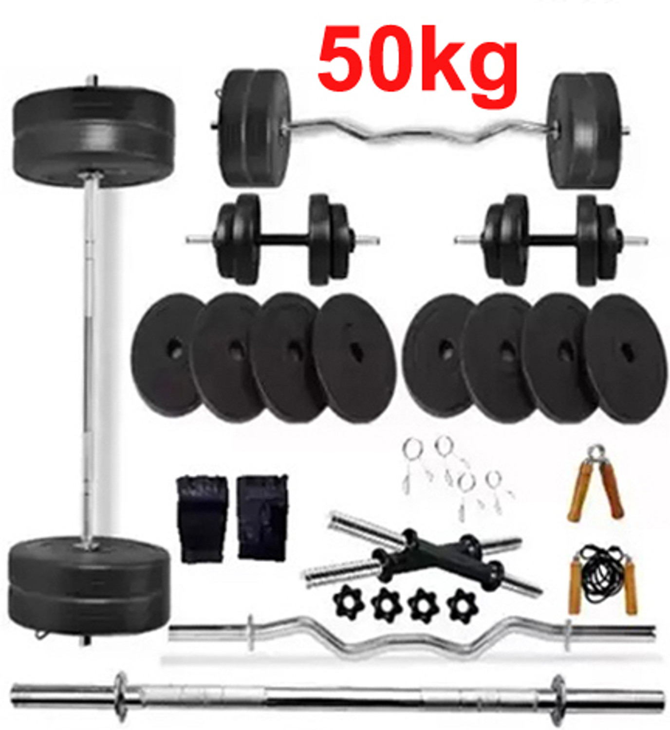 Image of STARX 32 kg Pure Rubber weight Plates with 5ft Straight Rod and Accessories Home Gym Combo