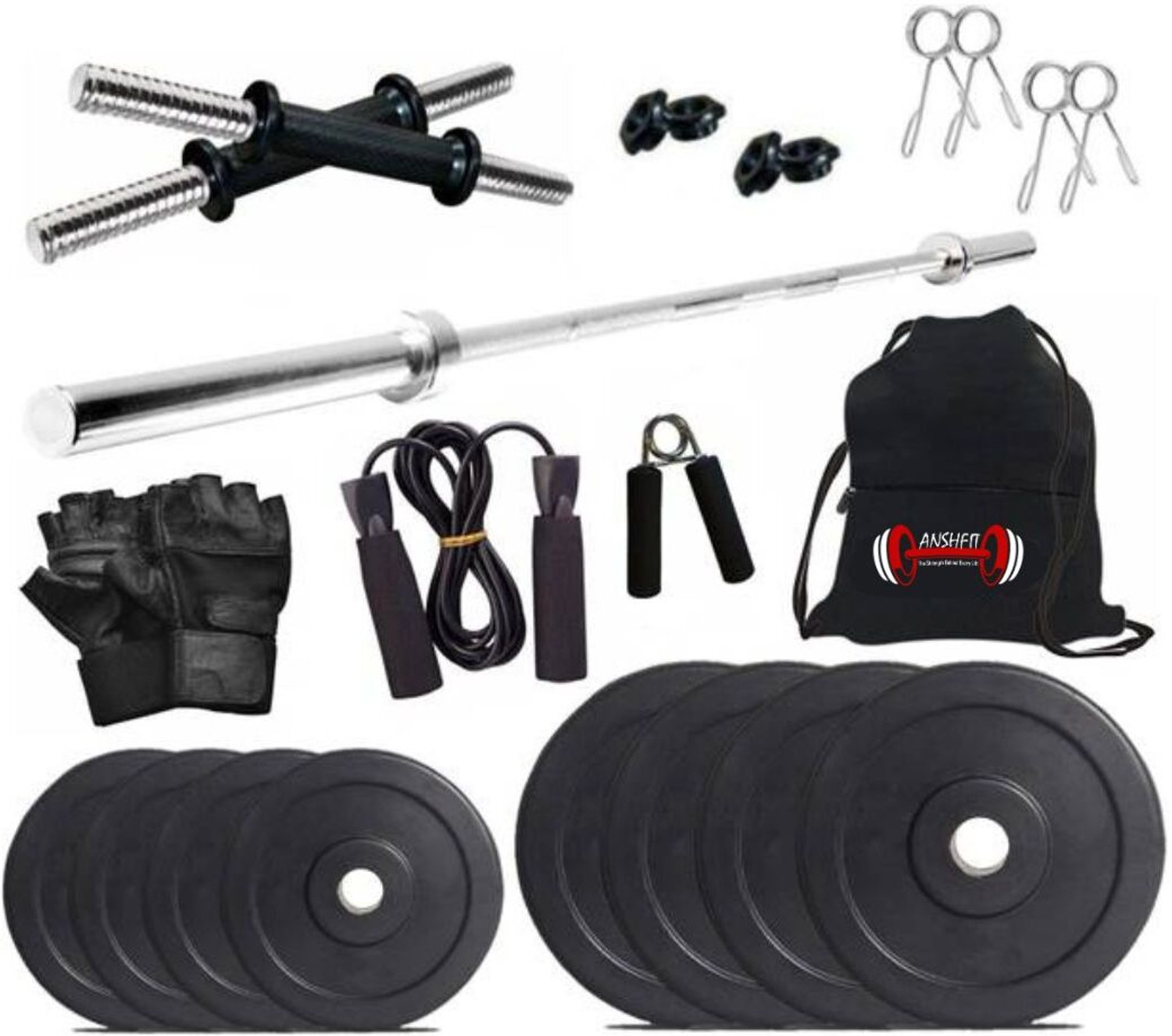 Image of ANSH FIT 0.4 kg Fitness Kit 20Kg PVC Plates (3Kgx4 /2Kgx4) with 3Ft Straight Rod & Carry Bag Home Gym Combo