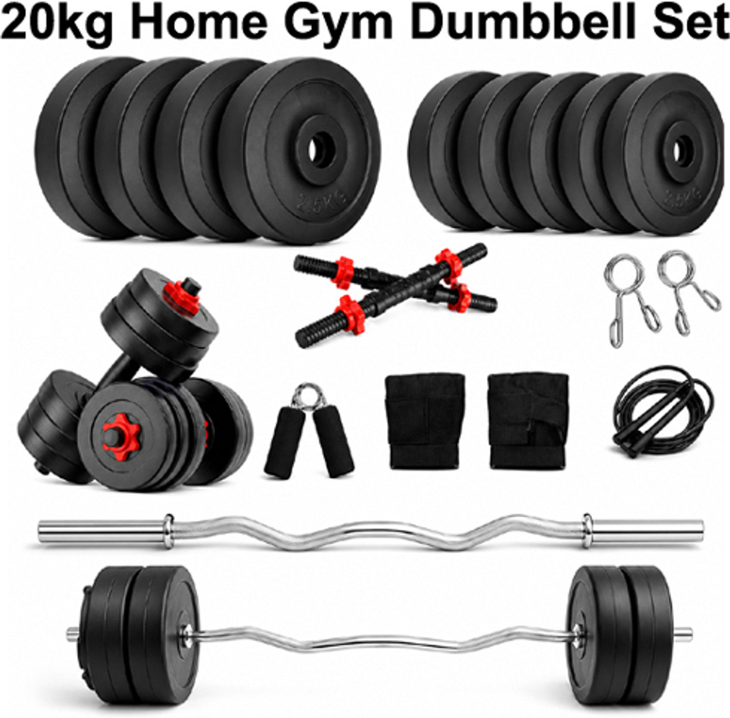 Image of POWER FITNESS 30KG PVC Weight Set with Dumbbell Rods, 3ft curl Rod & Acc Gym Fitness Adjustable Dumbbell (30 kg)