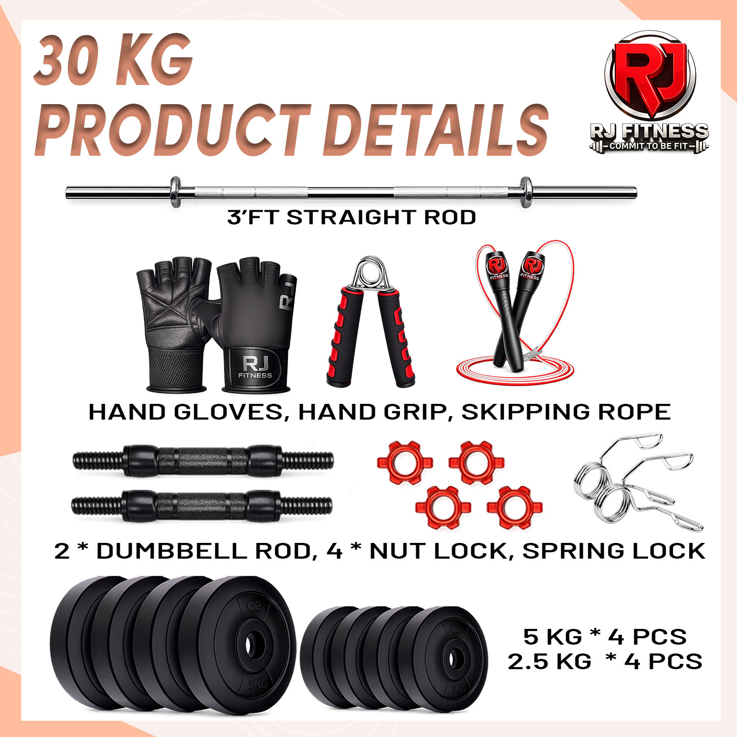 Image of rj fitness 31 kg 30kg-5kgx4 /2.5kgx4 plates,3ft straight rod+dumbbell rods & accessories Home Gym Combo