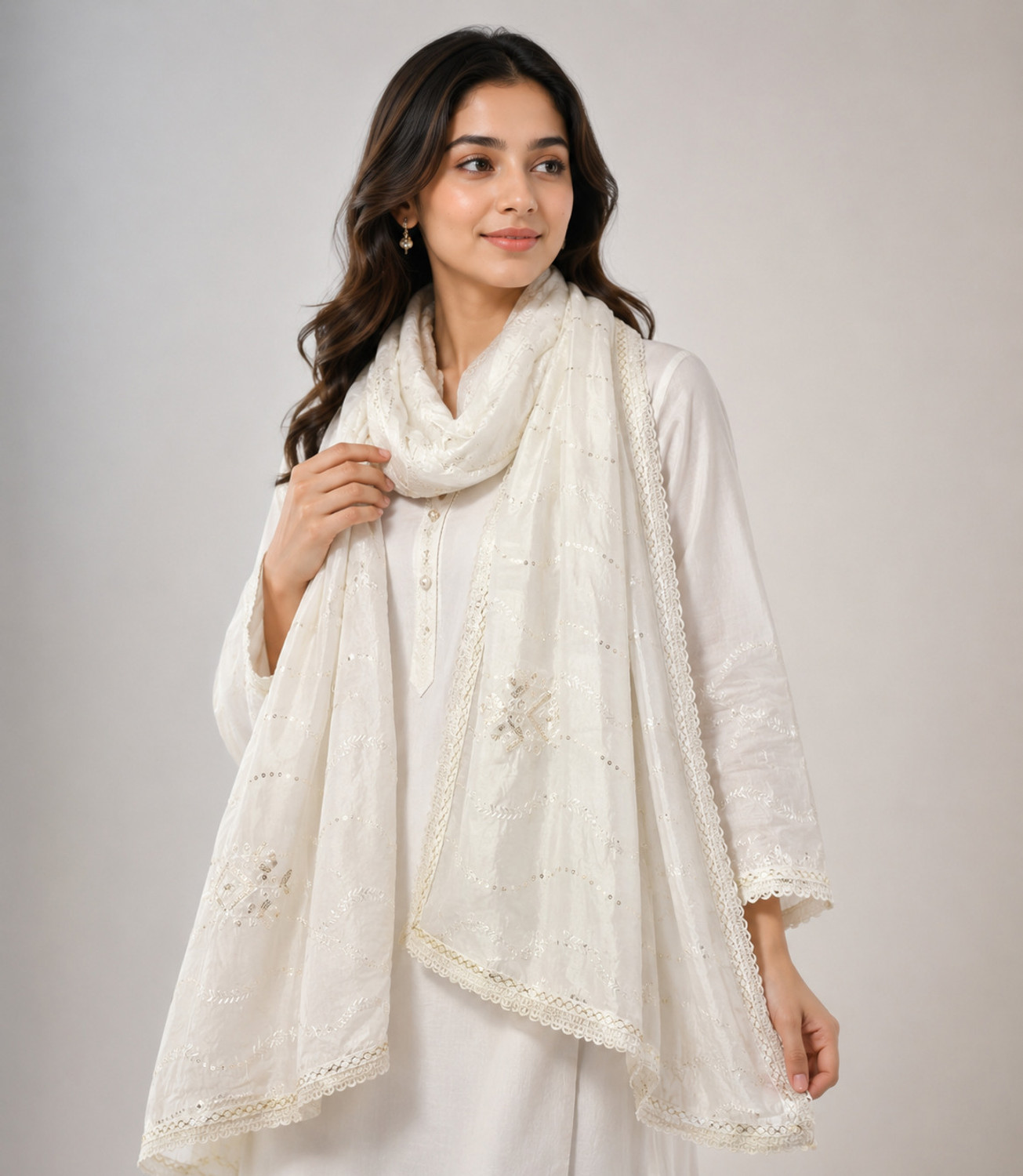 Image of Aayat Fashion Cotton Blend Embroidered White Women Dupatta