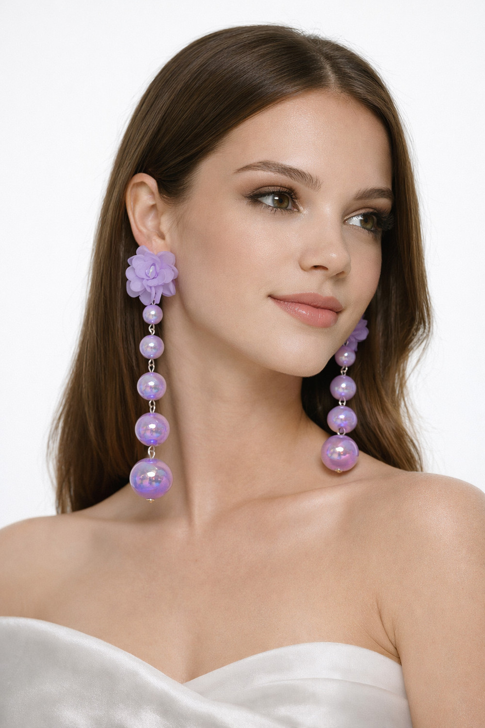 Image of KAHAAN Lavender Floral Stud Long Drop Earrings Pearl Alloy Drops & Danglers