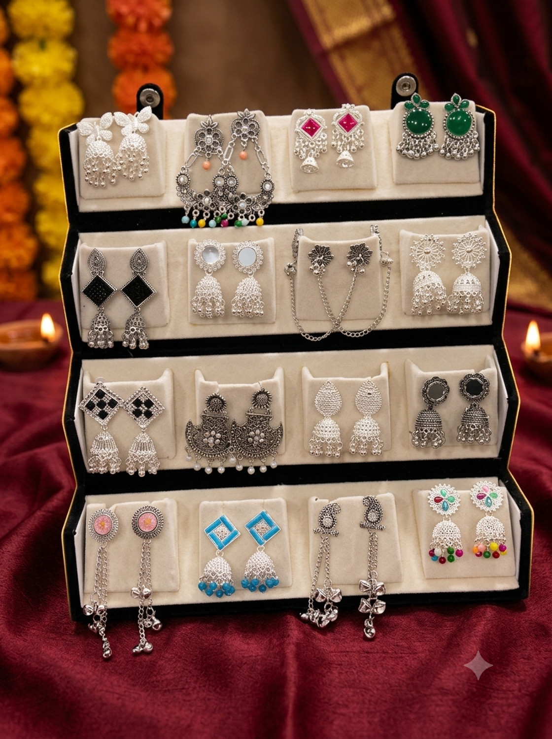 Antico 16 Pair Jaipuri Silver Oxidised Jhumki Earrings - Image 1
