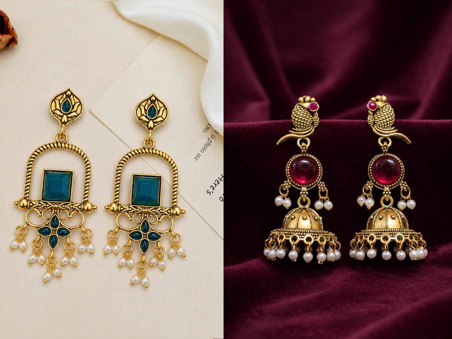 Image of Vastaraj Traditional Gold Plated Square Drop Earrings with Pearl Hangings Women & GirlS Alloy Hoop Earring