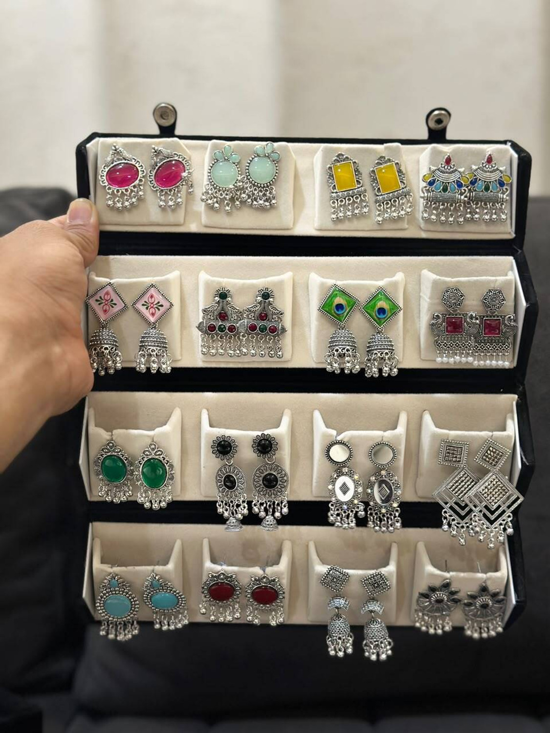 Antico 16 Pair Jaipuri Silver Oxidised Jhumki Earrings with Velvet box for Women. Diamond, Pearl, Beads Brass, Alloy Stud Earring, Drops & Danglers, Jhumki Earring - Image 1