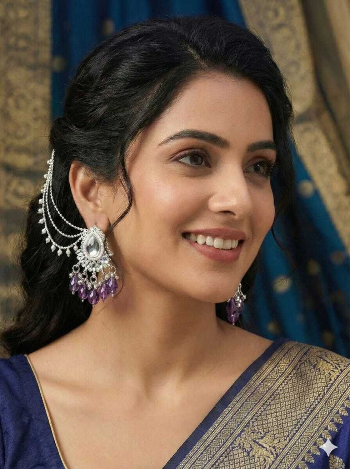 Image of KAHAAN Lavender Floral Stud Long Drop Earrings Pearl Alloy Drops & Danglers