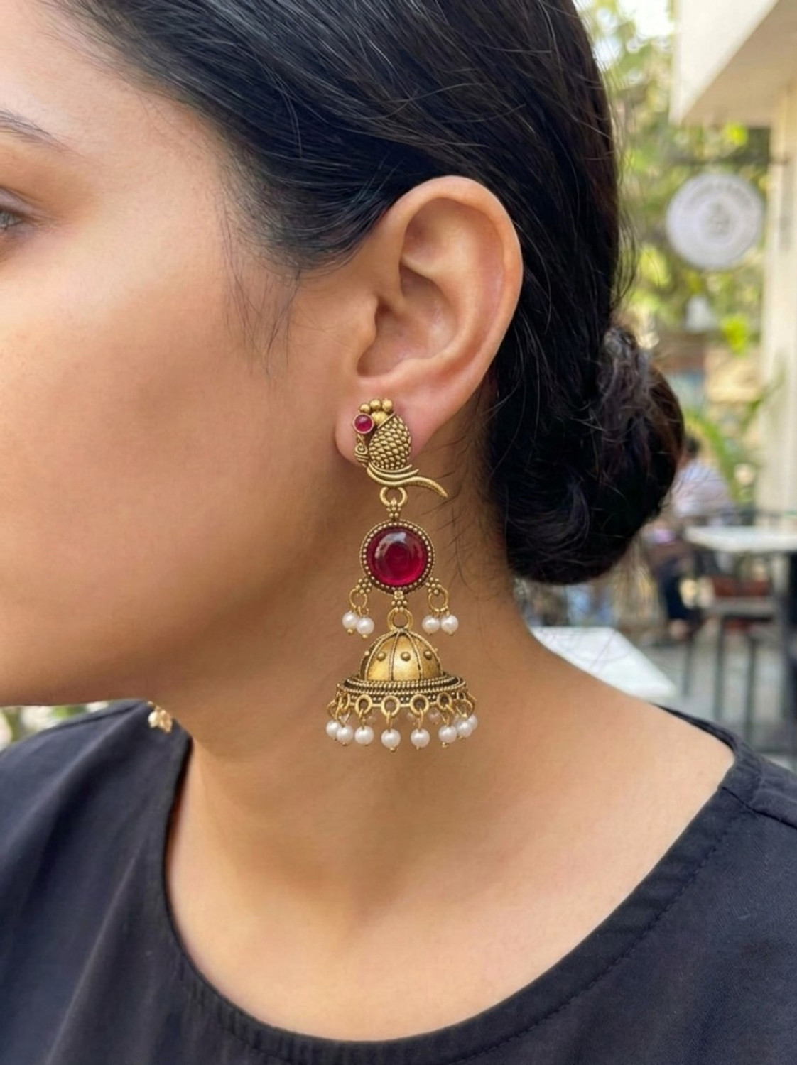 Image of Vastaraj Traditional Gold Plated Square Drop Earrings with Pearl Hangings Women & GirlS Alloy Hoop Earring