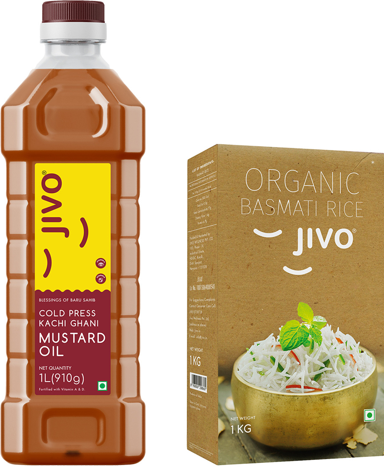 Image of JIVO Mustard Kachi Ghani 1 Litre (Pet Bottle) + Organic Long Grain Basmati Rice 1 KG Mustard Oil (2 x 0.5 L)