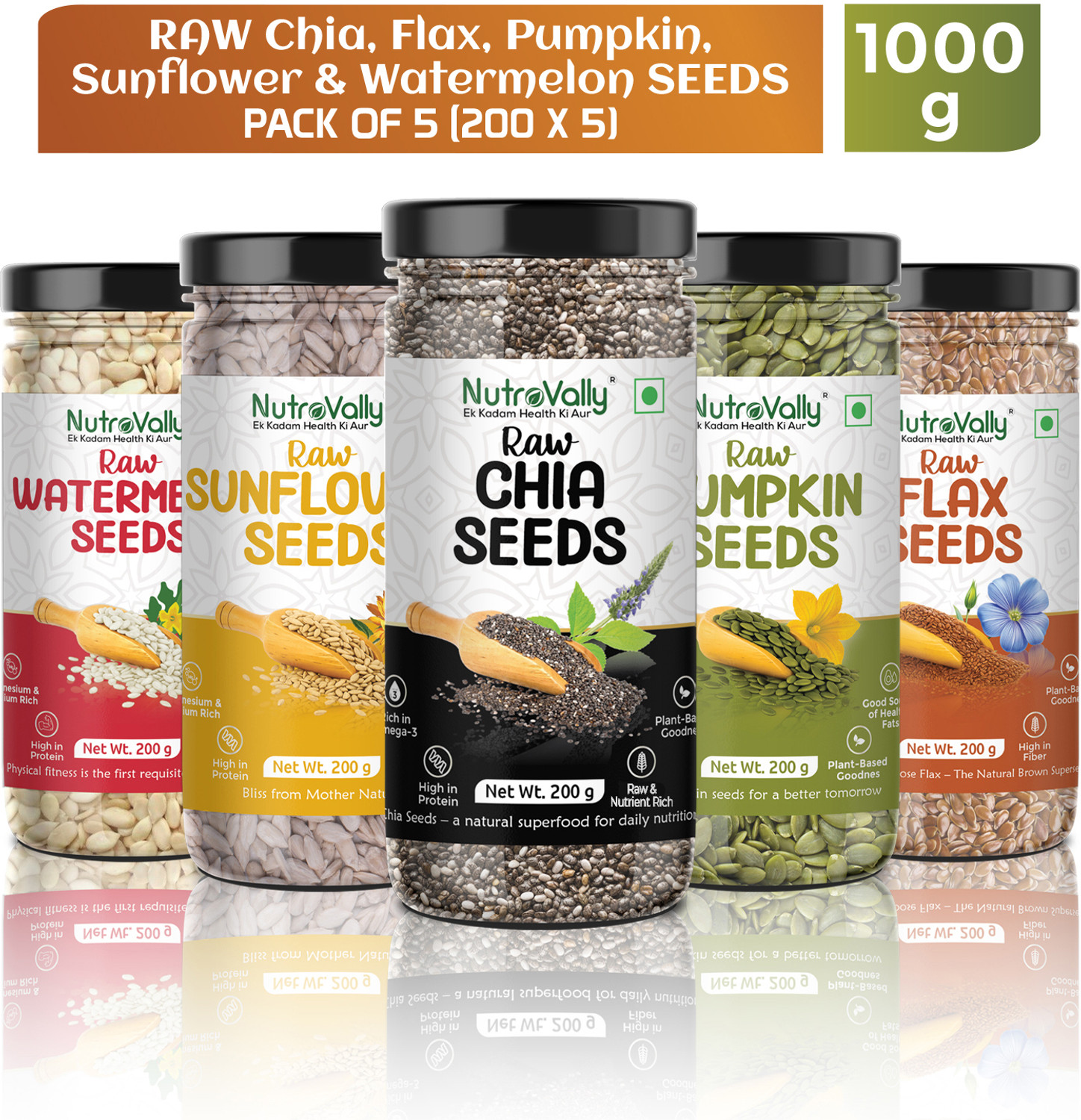 GRAB: Chia, Watermelon, Pumpkin, Flax, Sunflower Seed 200g each x 5 = 1000g @ 548