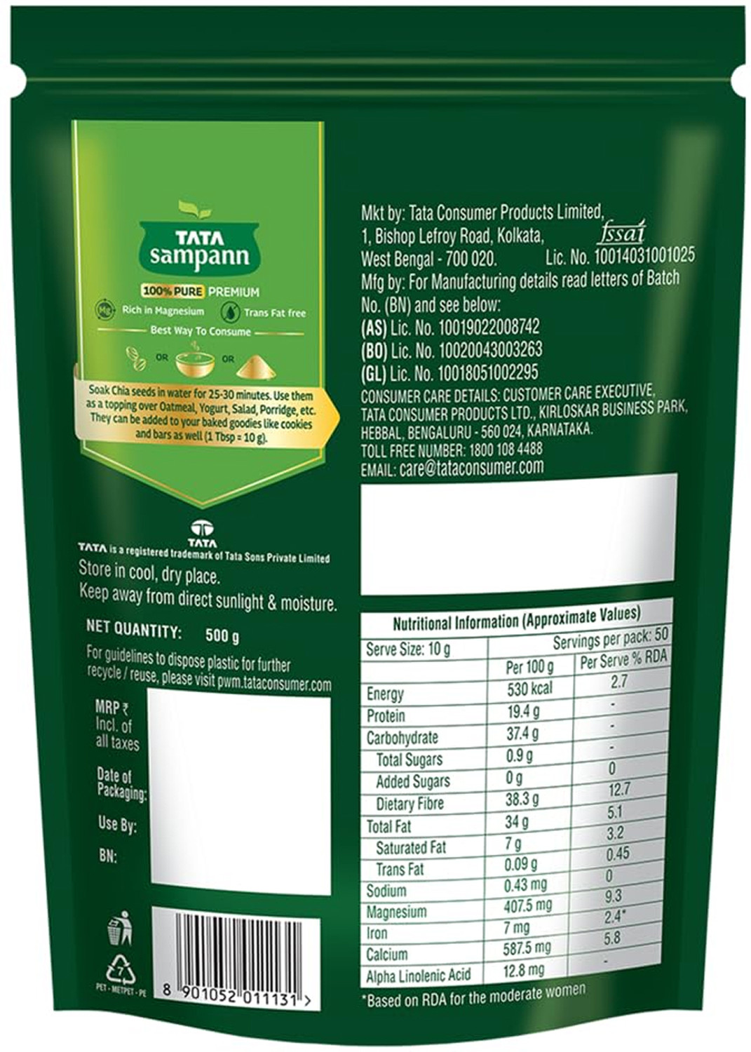 Image of Tata Sampann Premium Chia Seeds (500 g)