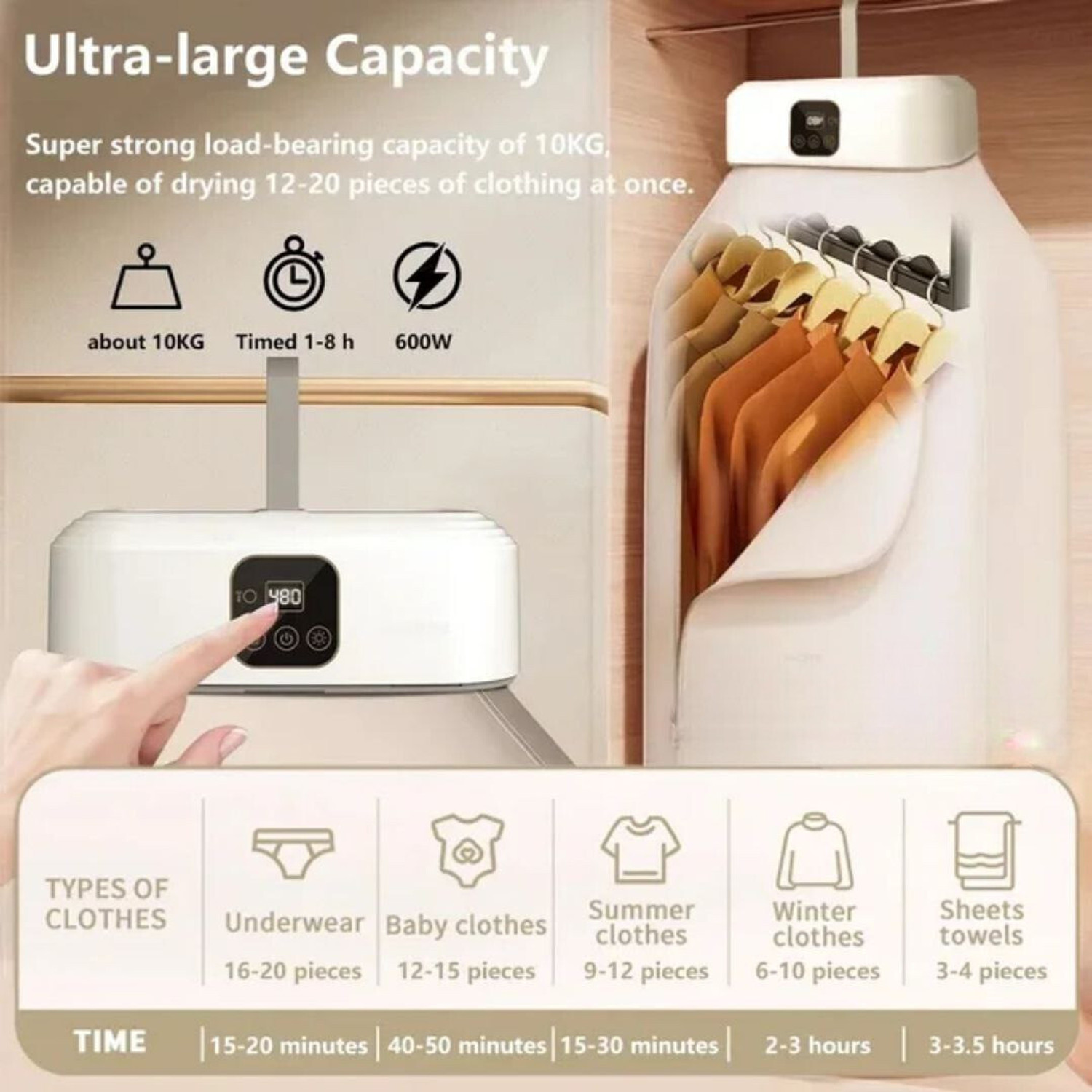 Image of WunderVoX Automatic Mini Clothes Dryer Machine with Hanger Electric Cloth Dryer (White)