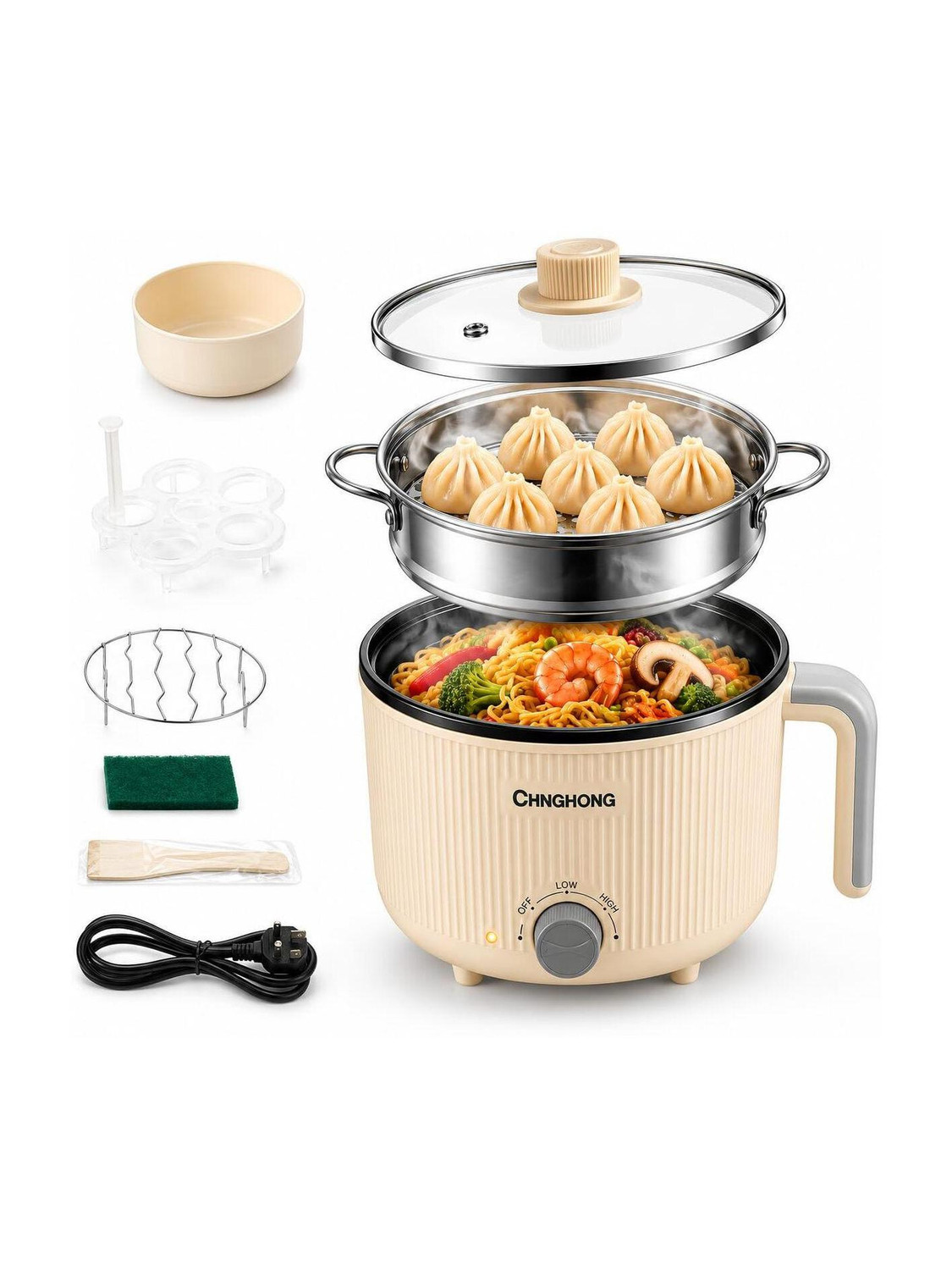 NowExp Electric Hot Pot with Steamer 1.5L Multi Portable Electric Non Stick Cooker Air Fryer, Deep Fryer, Egg Boiler, Egg Cooker, Food Steamer, Rice Cooker, Travel Cooker