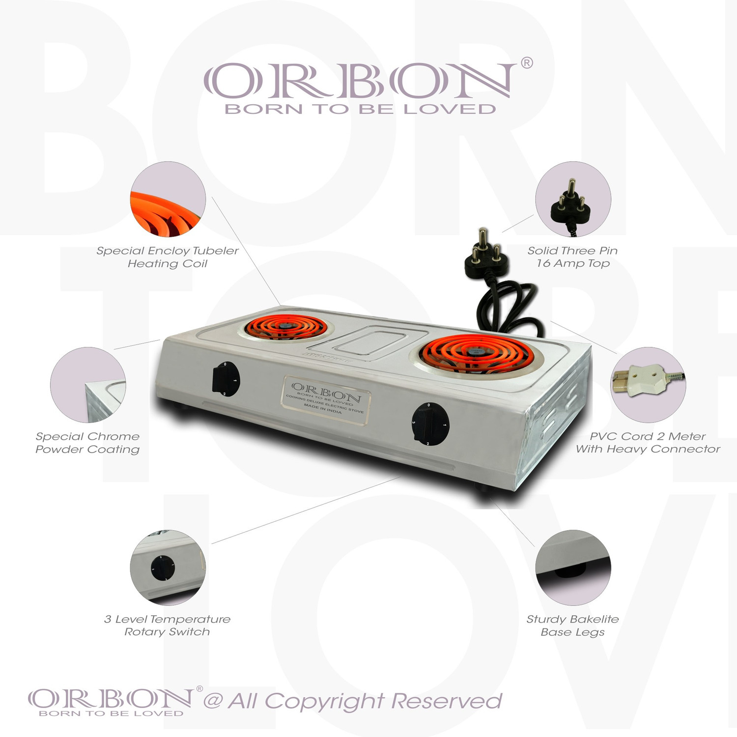 Image of Orbon Double Heavy Stainless Steel 1250 Watt + 2000 Watt Electric G Coil cooking Stove Electric Cooking Heater (2 Burner)