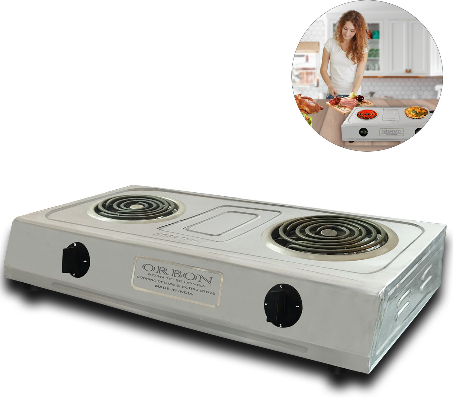 Image of Orbon Double Heavy Stainless Steel 1250 Watt + 2000 Watt Electric G Coil cooking Stove Electric Cooking Heater (2 Burner)