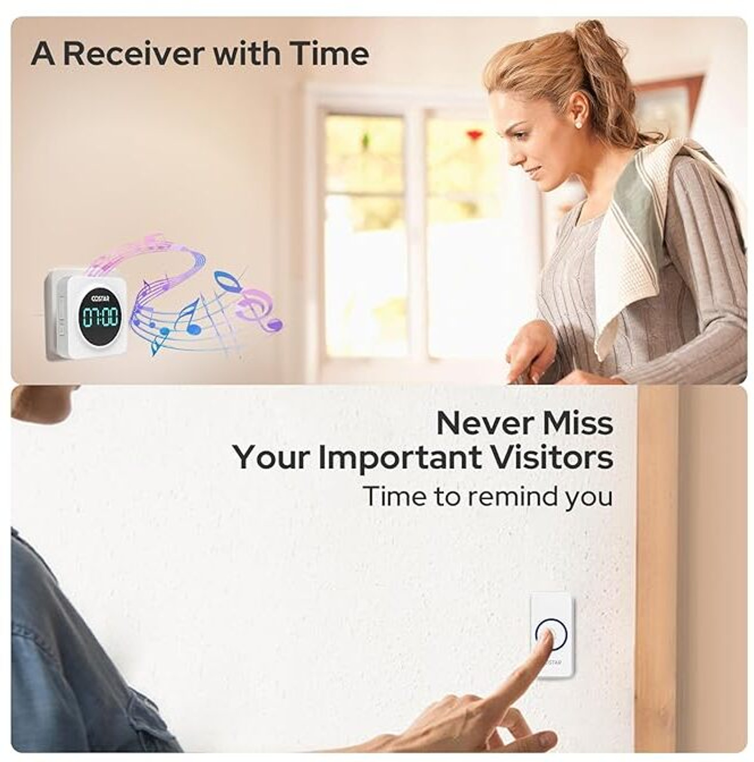 Image of Costar Door Chime 24 Hour Time Display, 1000ft Range, 5 Adjustable Volume Wireless Door Chime (58 Tunes)