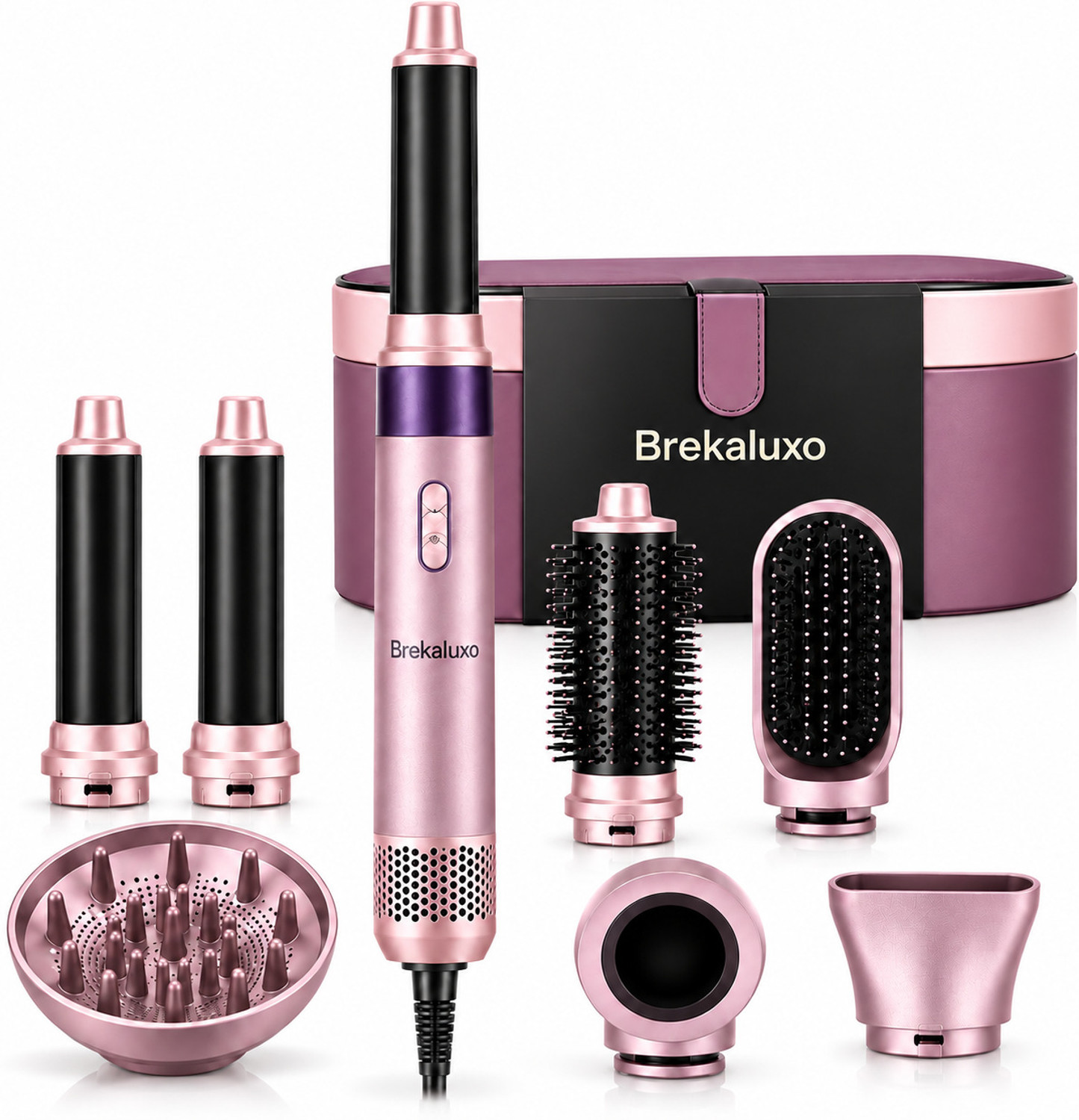 Brekaluxo All in One Hair Dryer Brush with Curling and Smoothing Attachments Electric Hair Styler
