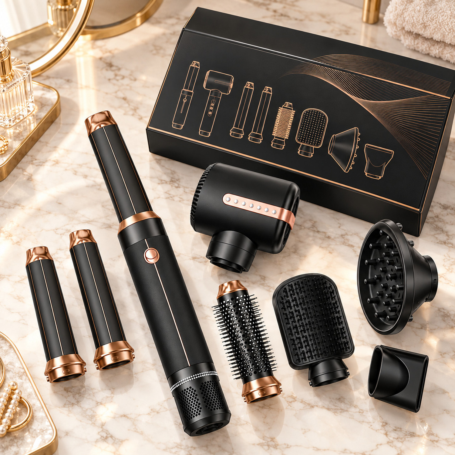 Brekaluxo 7 in 1 Hair Curler and Dryer Brush Combowith Interchangeable Styling Attachments Electric Hair Styler