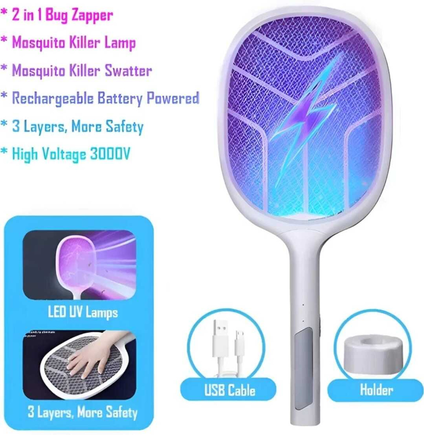 Image of JOV-FV 4200V Anti-Mosquito Racket / Rechargeable Insect Killer Bat Electric Insect Killer Outdoor, Indoor (Fly Swatter)