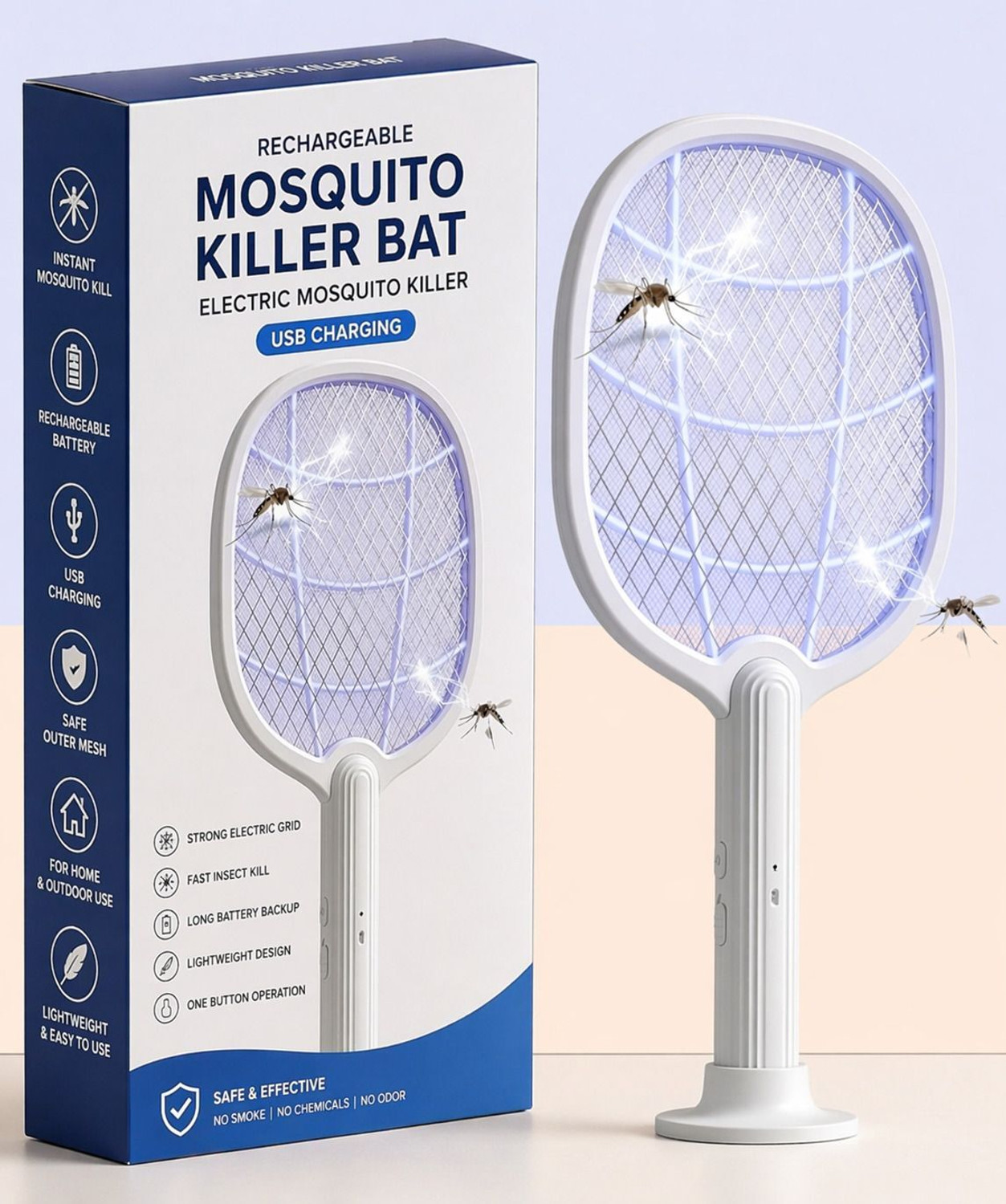 Image of HEHARI Mosquito Racket with UV Light Rechargeable Zapper Racket Bat with Base Stand Electric Insect Killer Indoor, Outdoor (Bat)