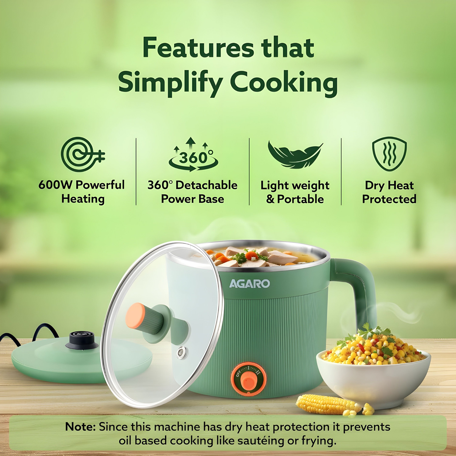 Image of AGARO 1 Multi Cooker Electric Kettle (1.2 L, Green)