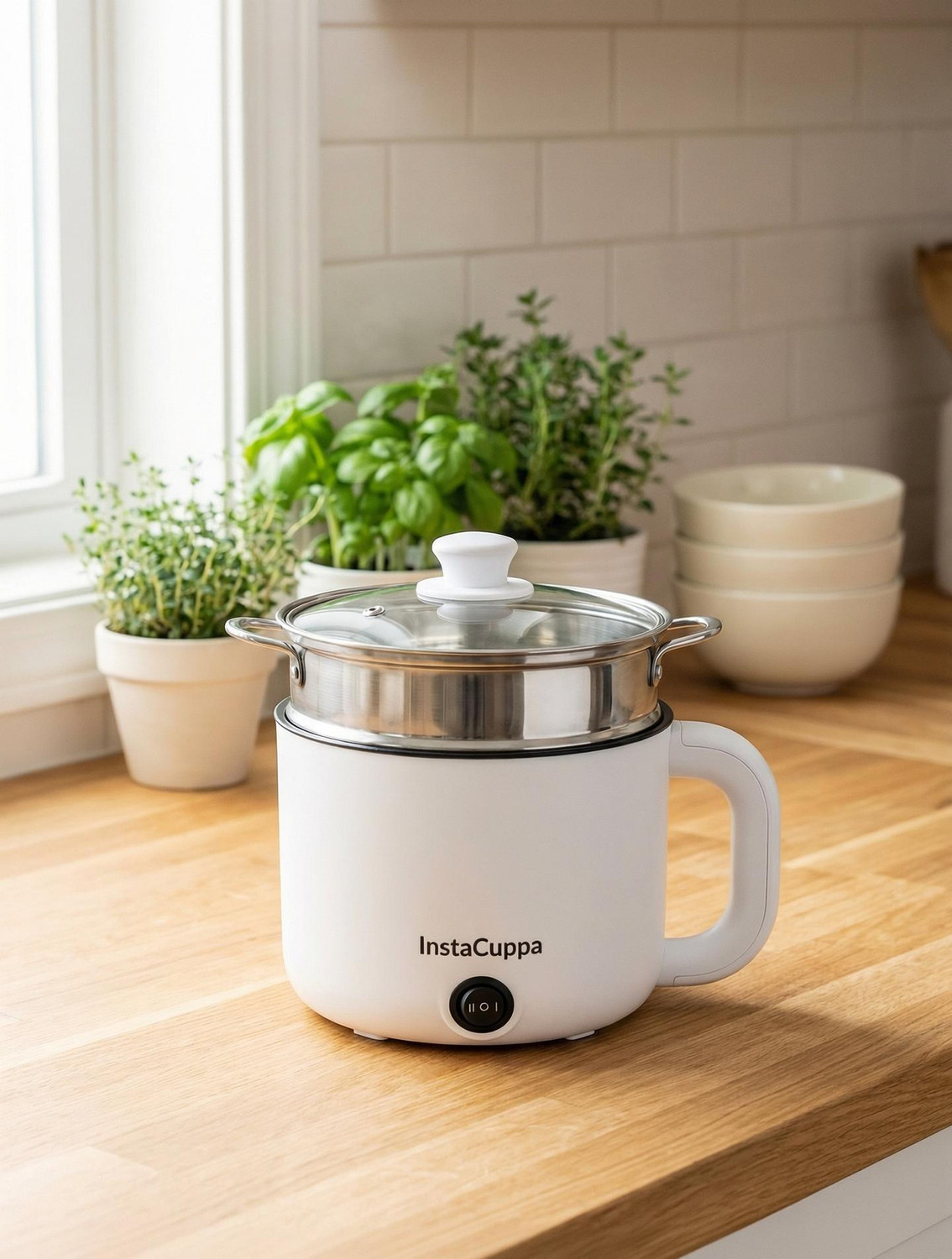 InstaCuppa 3-in-1 Cook Kettle WideMouth Pot, 2 Temp Settings -Busy Moms: Boil, Cook & Steam Multi Cooker Electric Kettle
