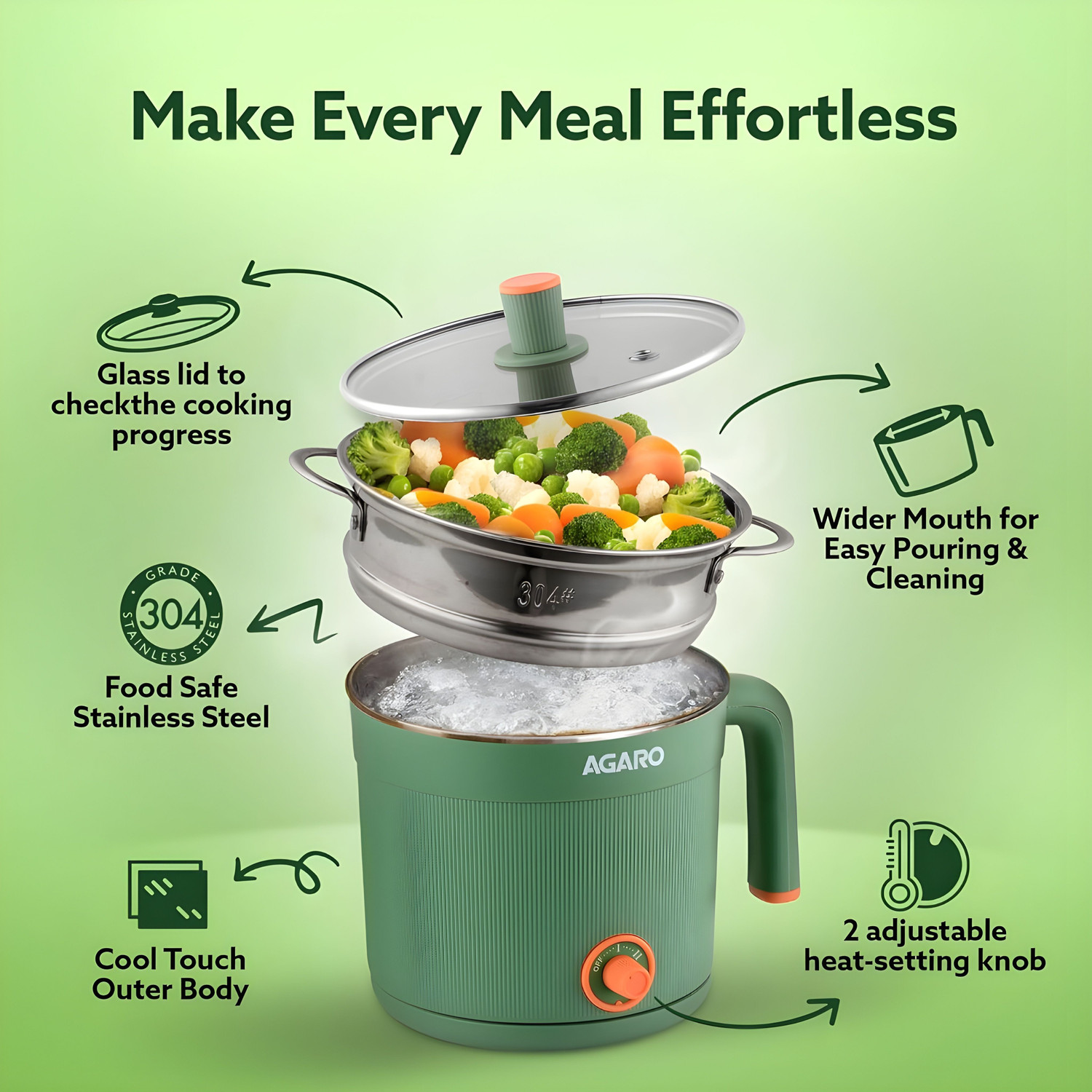 Image of AGARO 1 Multi Cooker Electric Kettle (1.2 L, Green)