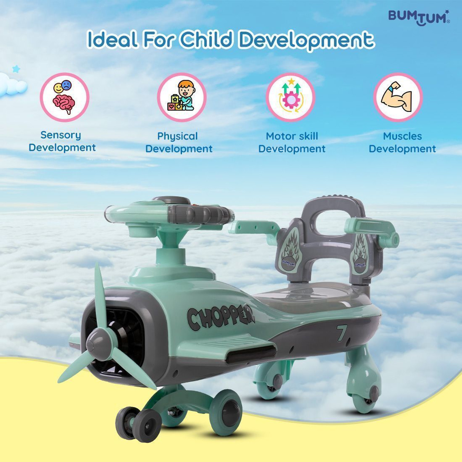 Image of BUMTUM Light Chopper Swing Car Toy Ride On Car For Kids Comfortable Seat With BackRest Car Non Battery Operated Ride On (Green)