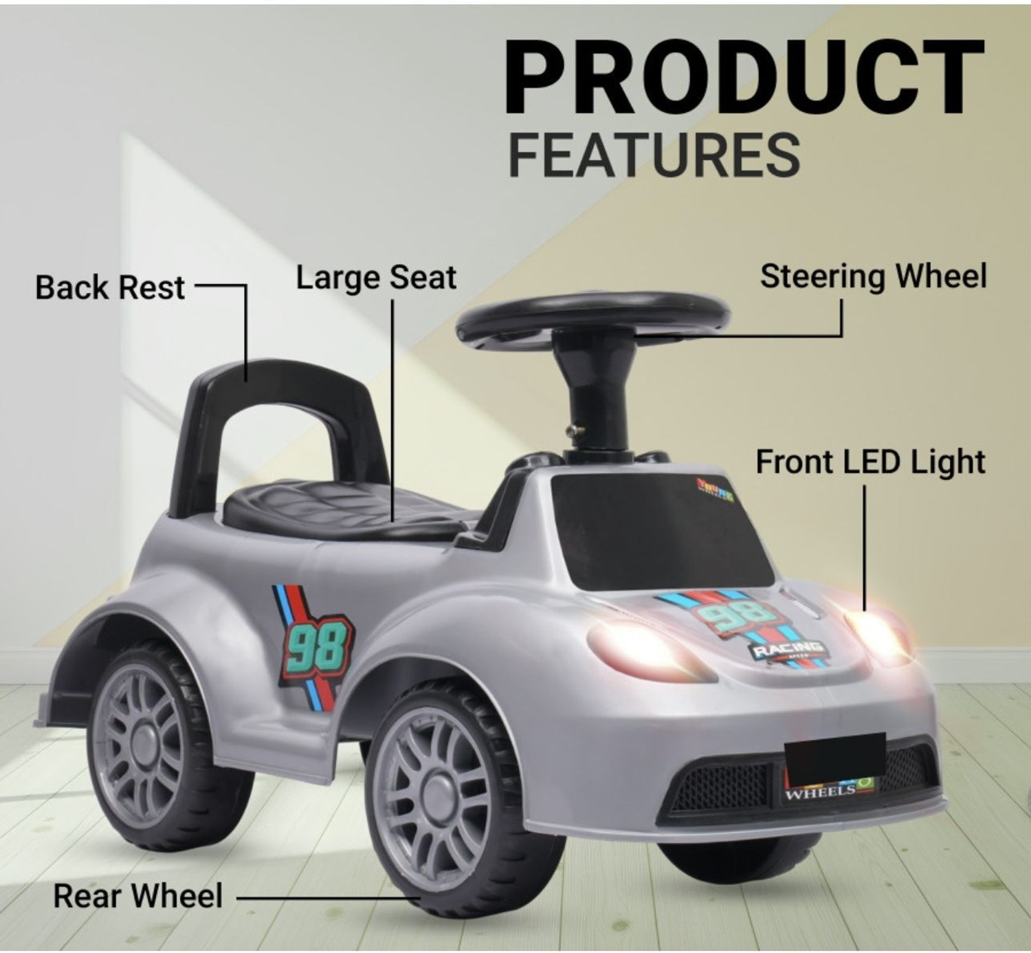 Image of joymax Musical Car With Head Lights | Push Ride On | Perfect for Kids 1-3 Years Rideons & Wagons Non Battery Operated Ride On (White)