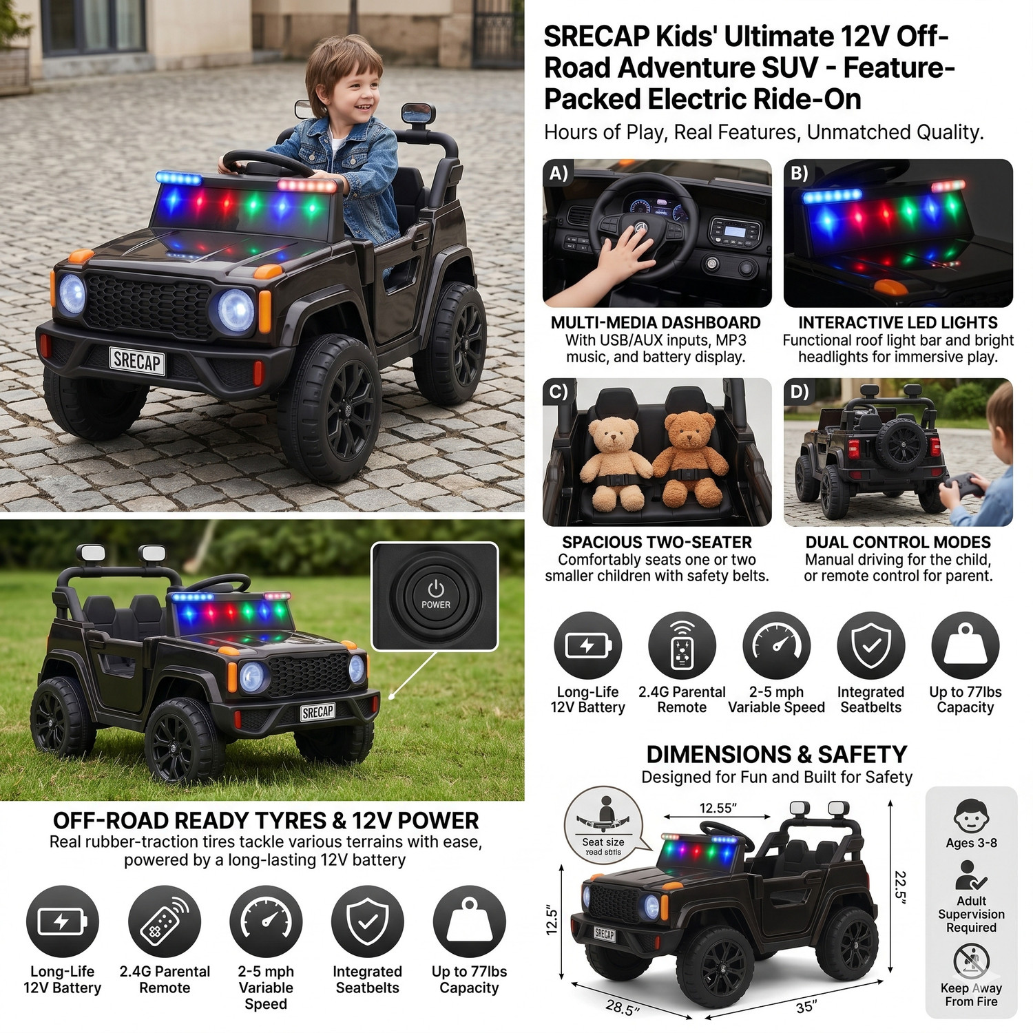 Image of Srecap BH80 Electric ride on suv, electric ride on, electric ride on car, electric ride Car Battery Operated Ride On (Black)