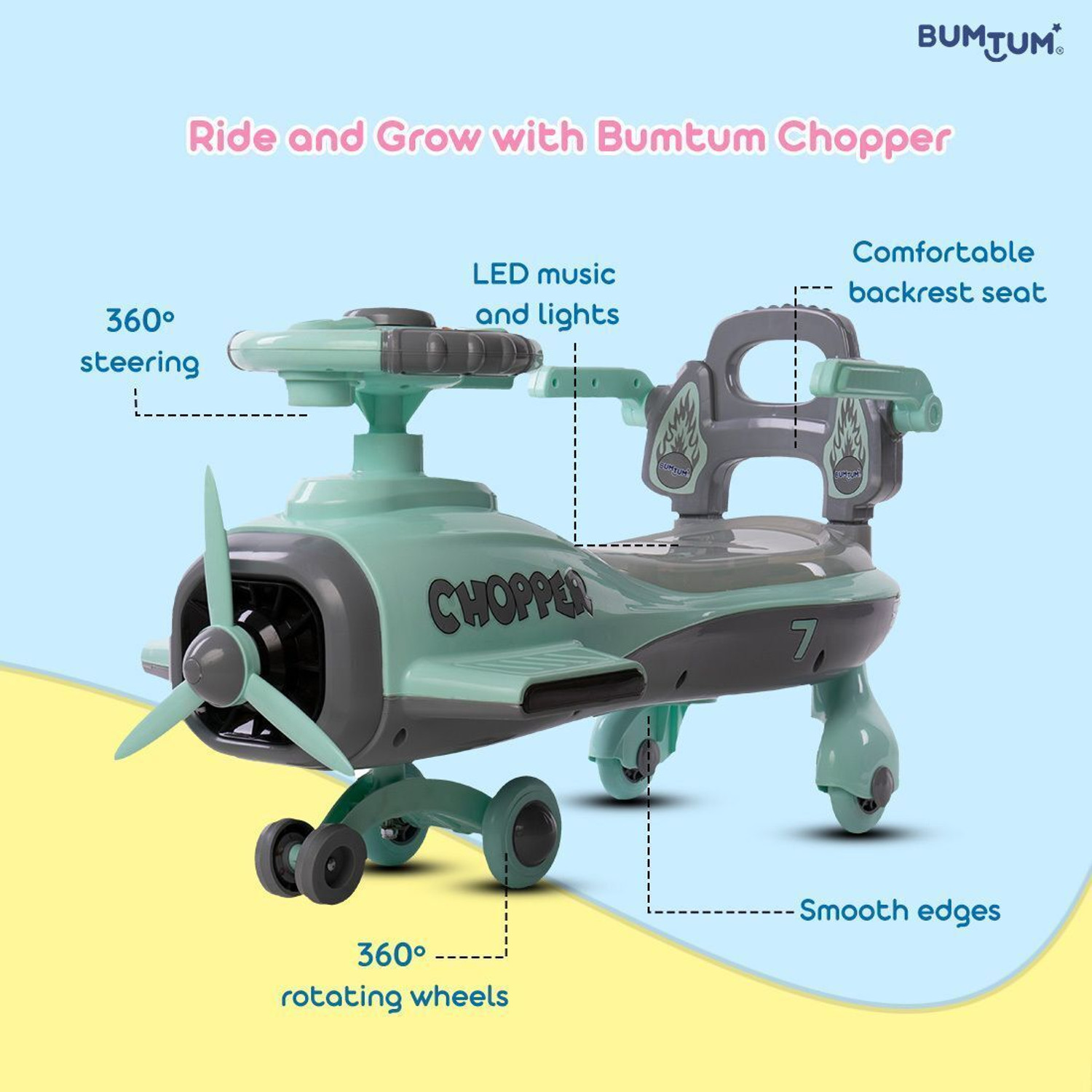 Image of BUMTUM Light Chopper Swing Car Toy Ride On Car For Kids Comfortable Seat With BackRest Car Non Battery Operated Ride On (Green)