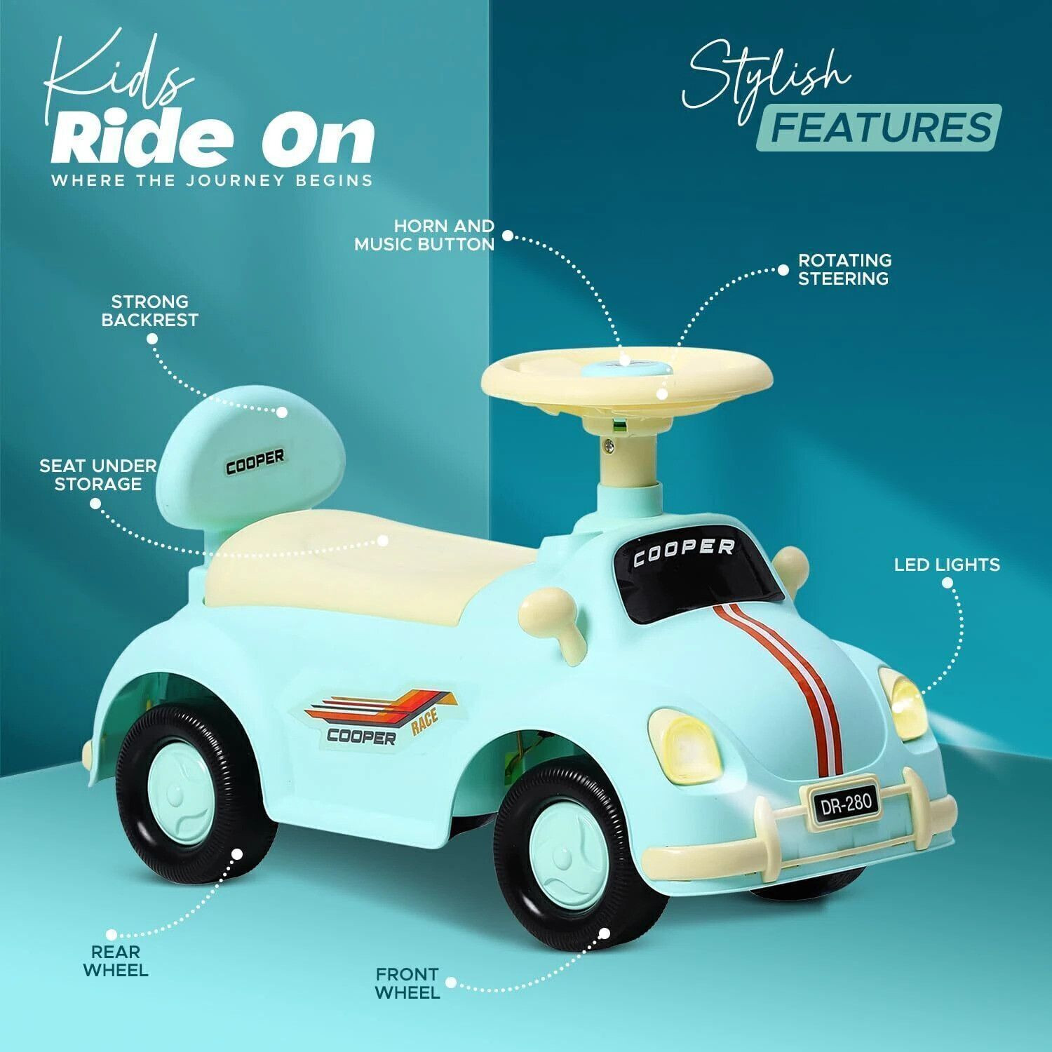 Image of Dash Cooper Ride on Car with Storage Under The Seat Music & Back Rest for Unisex Kids Rideons & Wagons Battery Operated Ride On (Green)