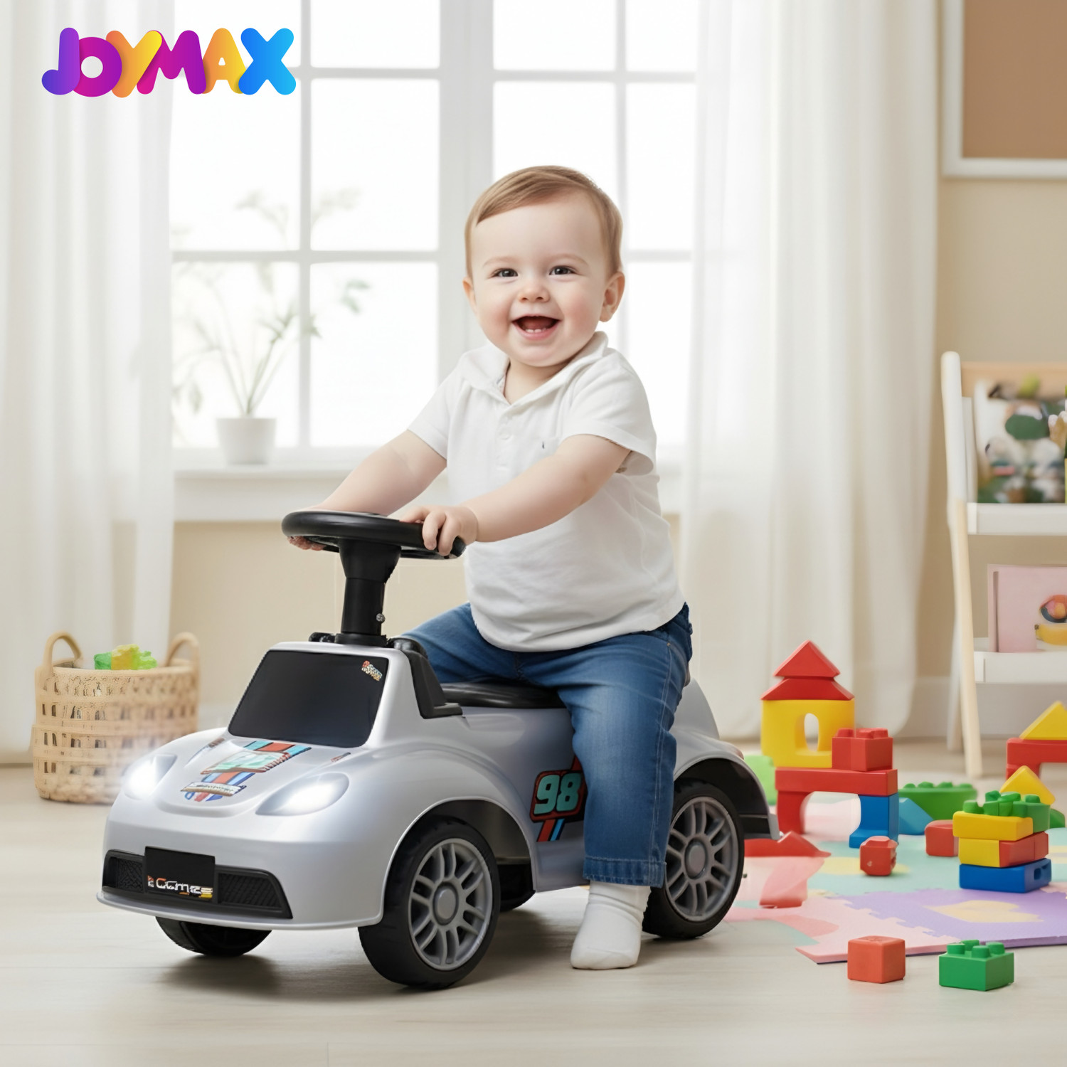 Image of joymax Musical Car With Head Lights | Push Ride On | Perfect for Kids 1-3 Years Rideons & Wagons Non Battery Operated Ride On (White)
