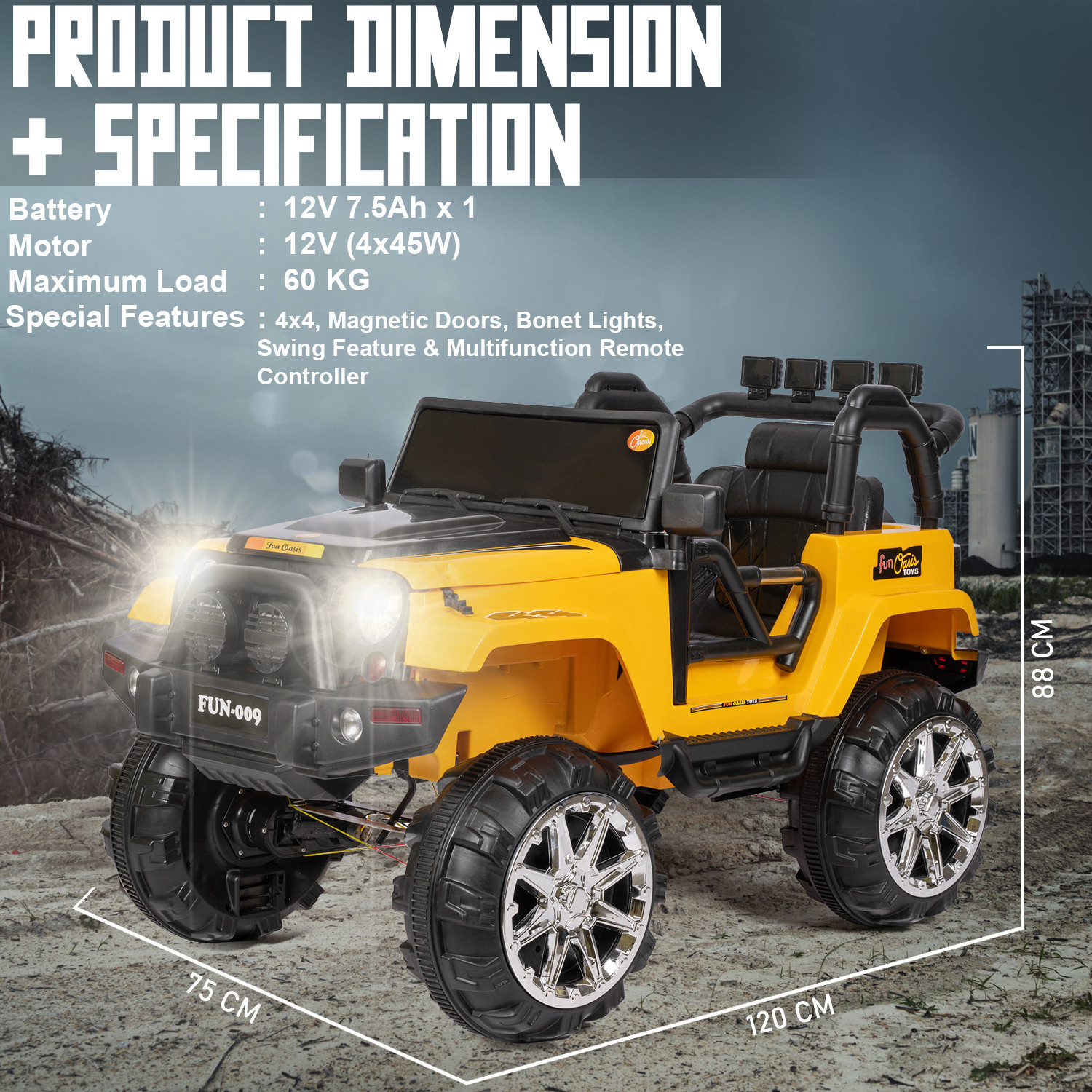 Image of Kawaii Kids Battery operated big size Kids 4x4 THAR jeep 12V battery Jeep Battery Operated Ride On (Yellow)