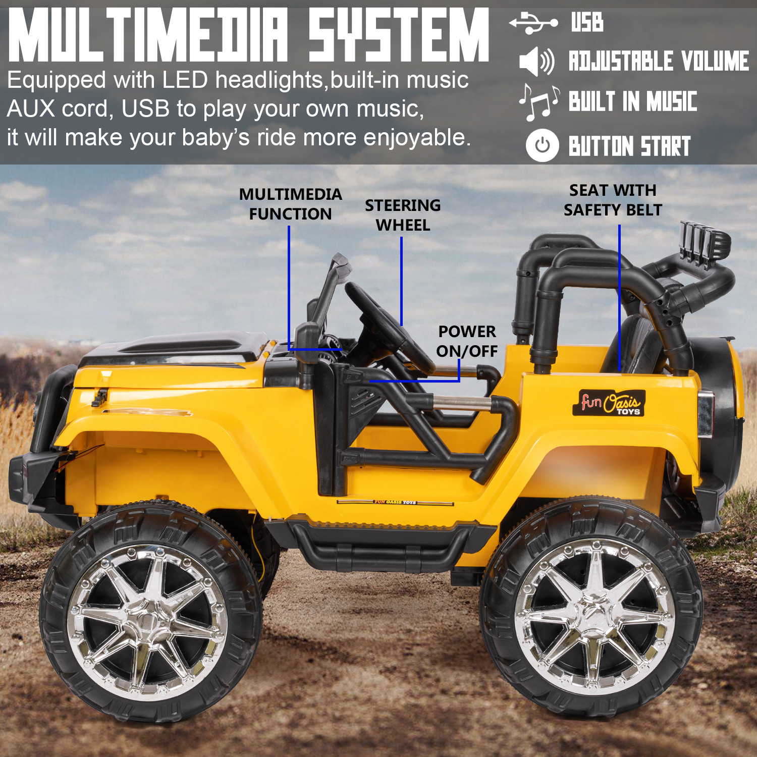 Image of Kawaii Kids Battery operated big size Kids 4x4 THAR jeep 12V battery Jeep Battery Operated Ride On (Yellow)