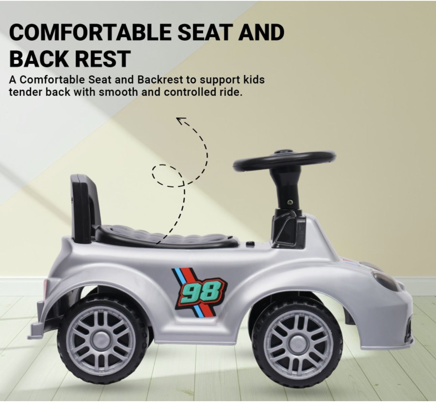 Image of joymax Musical Car With Head Lights | Push Ride On | Perfect for Kids 1-3 Years Rideons & Wagons Non Battery Operated Ride On (White)