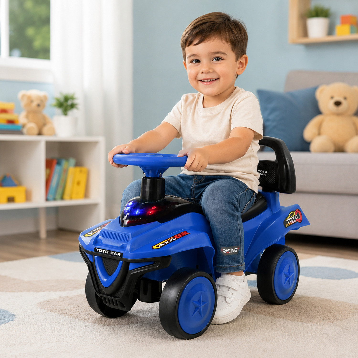 Image of joymax Musical Car With Head Lights | Push Ride On | Perfect for Kids 1-3 Years Rideons & Wagons Non Battery Operated Ride On (White)