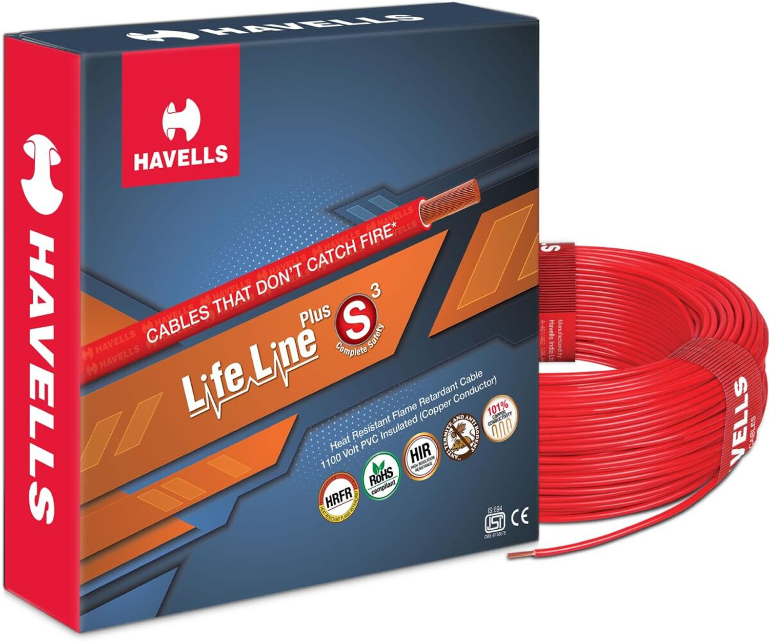 Image of HAVELLS LIFE LINE PLUS S3 2.5 sq /mm Red 90 m Wire (red)