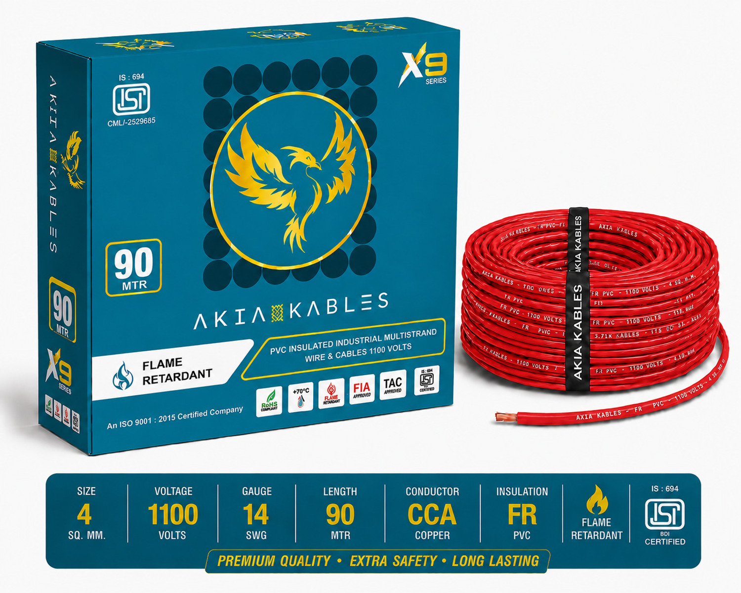 Image of AKIA KABLES 4 SQMM HYBRID PREMIUM COPPER Electrical WireFR PVC |90m|Single Core| 4 sq /mm Red 90 m Wire (Red)